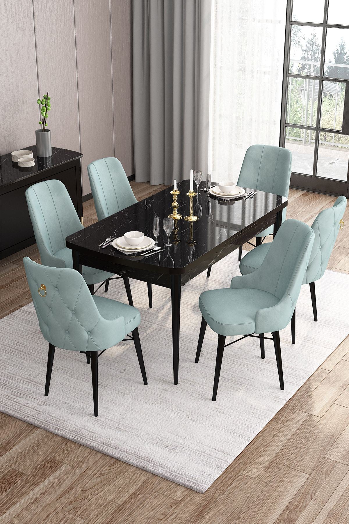 Conjunto de mesa de jantar extensível e cadeiras (7 peças)-Are-Mármore Preto
Verde Mar