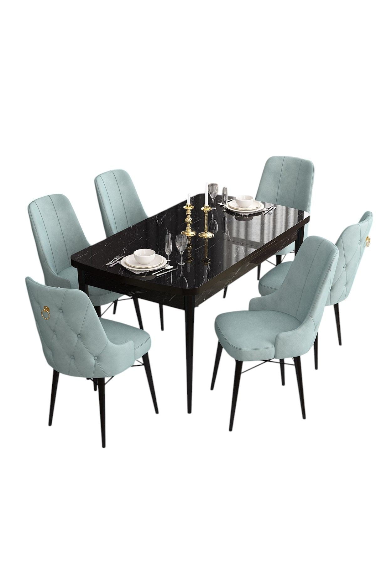Conjunto de mesa de jantar extensível e cadeiras (7 peças)-Are-Mármore Preto
Verde Mar