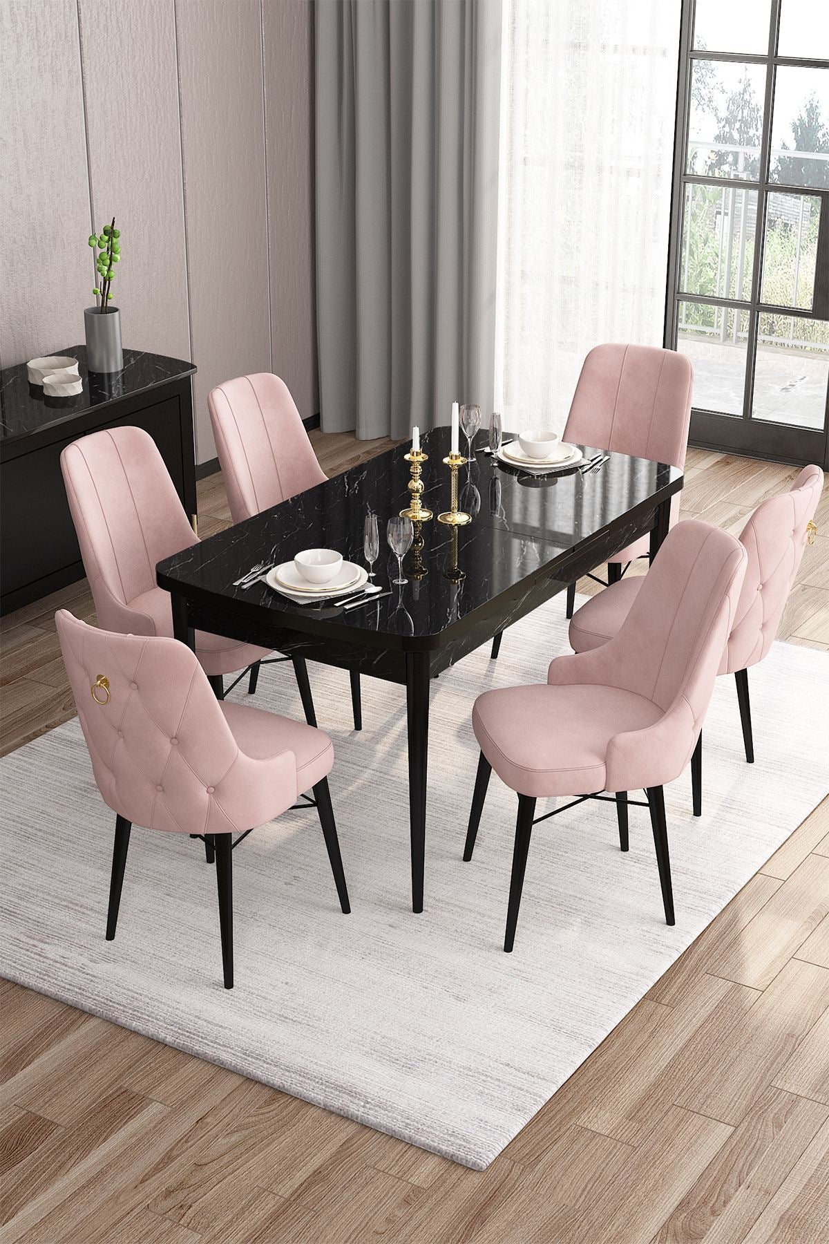 Conjunto de mesa de jantar extensível e cadeiras (7 peças)-Are-Mármore Preto
Rosa
