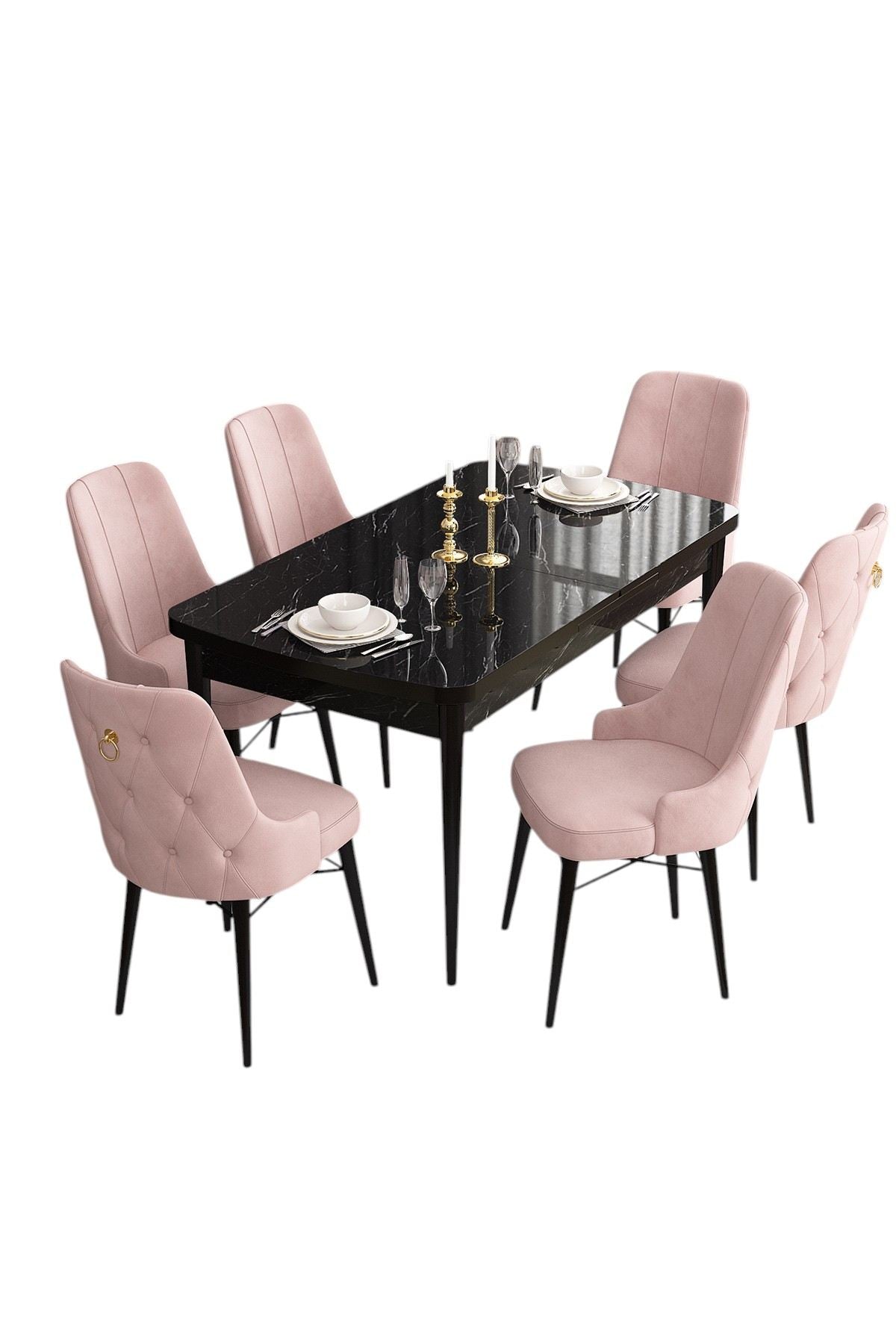 Conjunto de mesa de jantar extensível e cadeiras (7 peças)-Are-Mármore Preto
Rosa