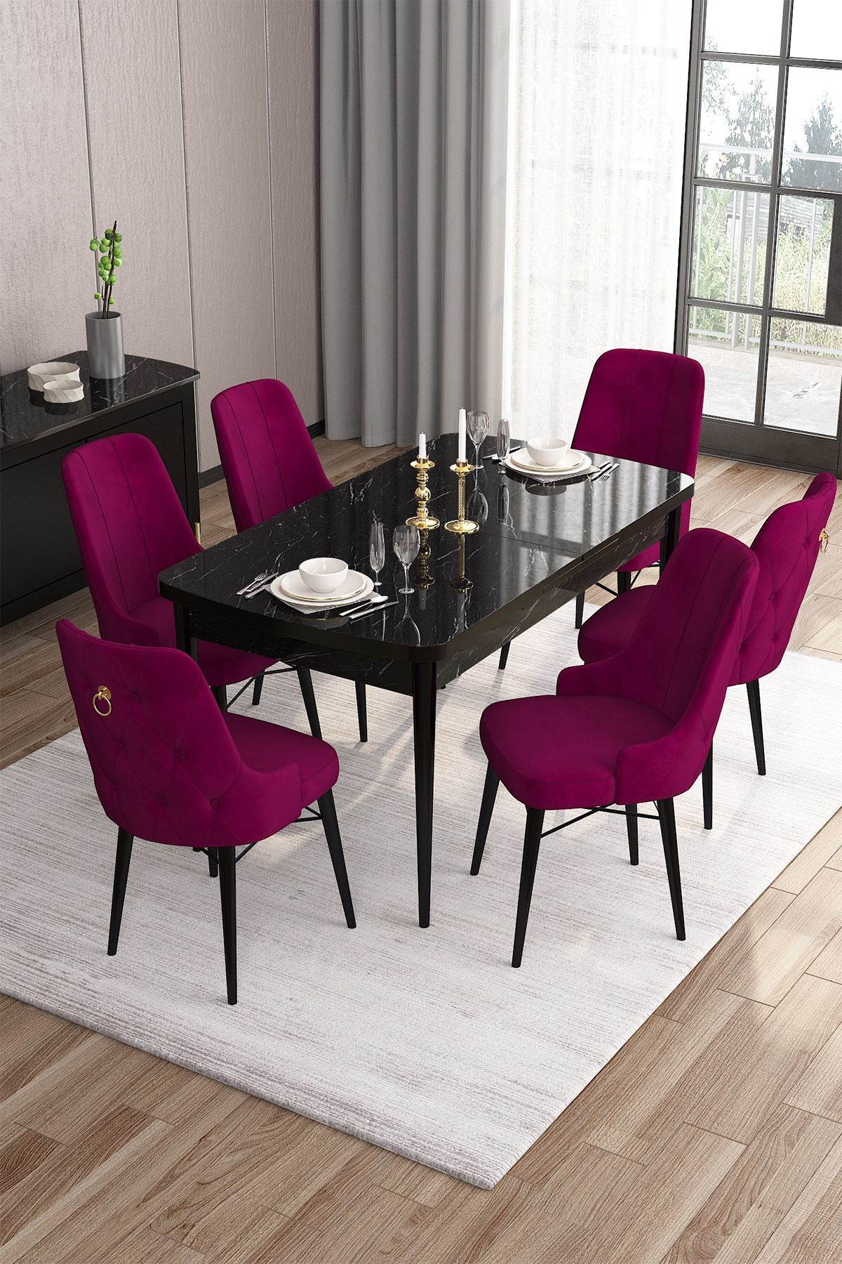 Conjunto de mesa de jantar extensível e cadeiras (7 peças)-Are-Mármore Preto
Ameixa