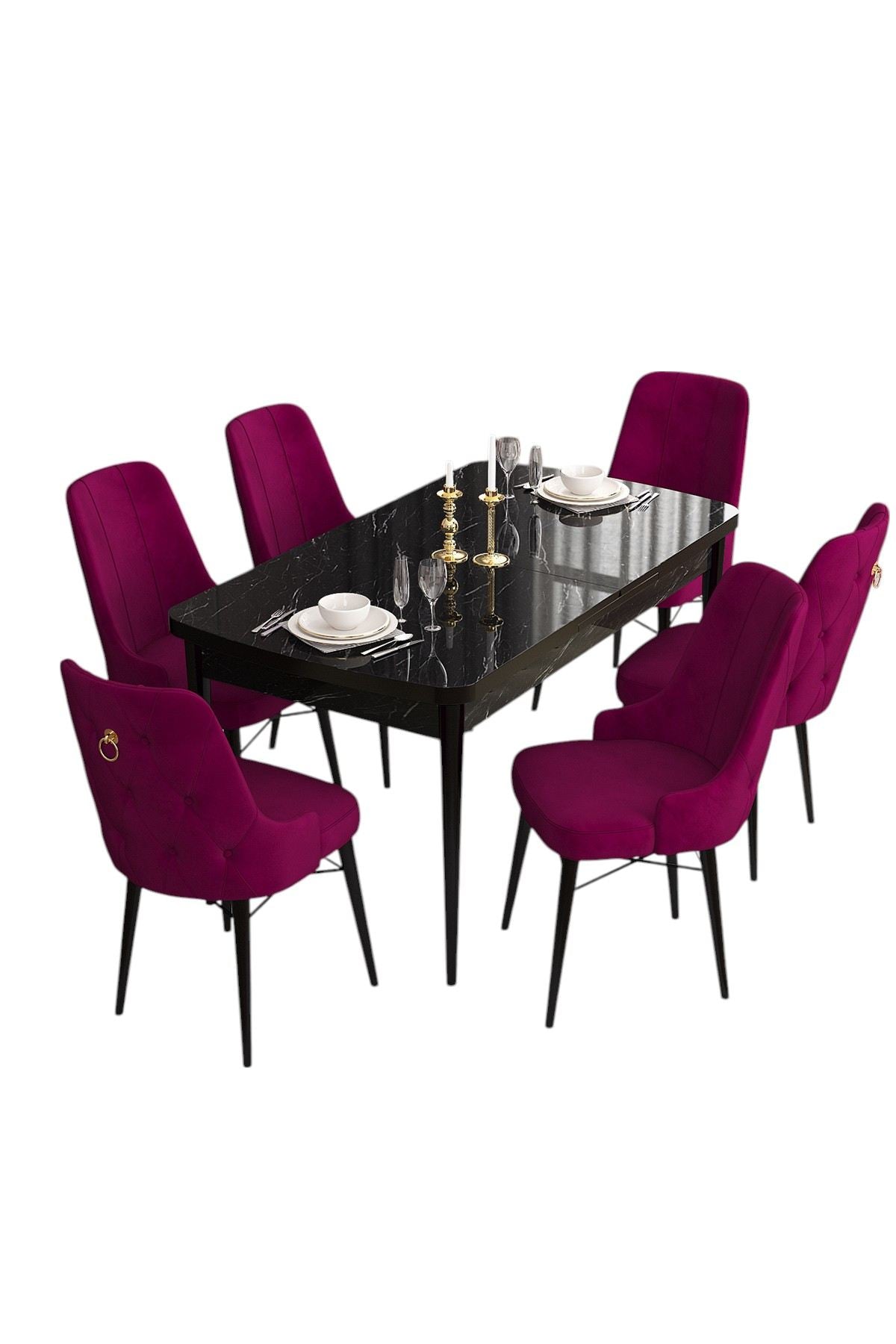 Conjunto de mesa de jantar extensível e cadeiras (7 peças)-Are-Mármore Preto
Ameixa