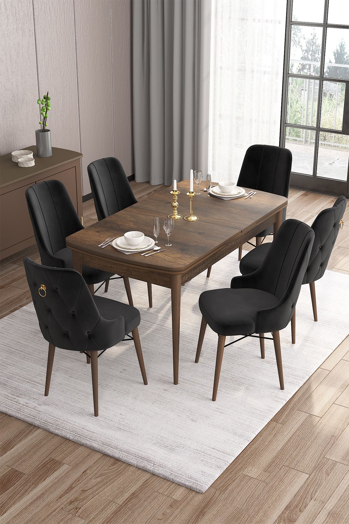 Conjunto de mesa de jantar extensível e cadeiras (7 peças)-Are-Barroco
Preto