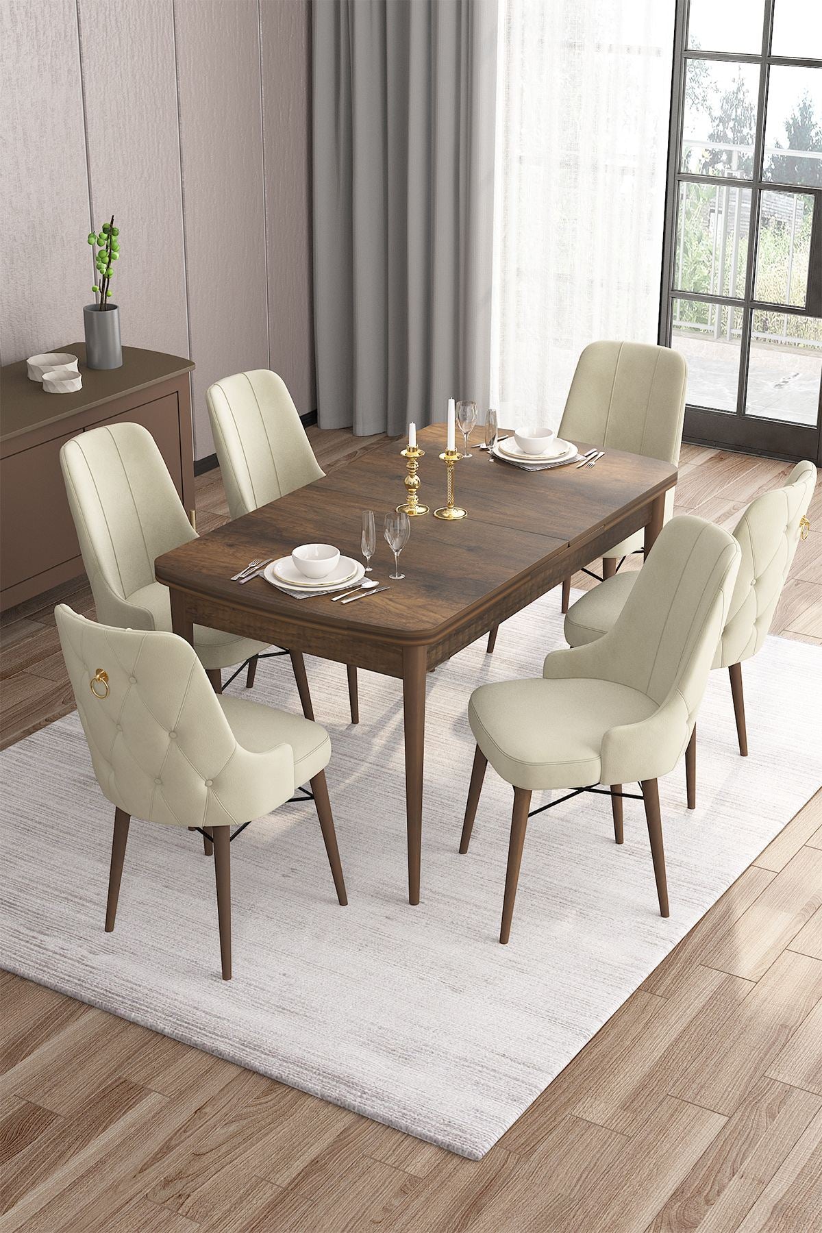 Conjunto de mesa de jantar extensível e cadeiras (7 peças)-Are-Barroco
Creme