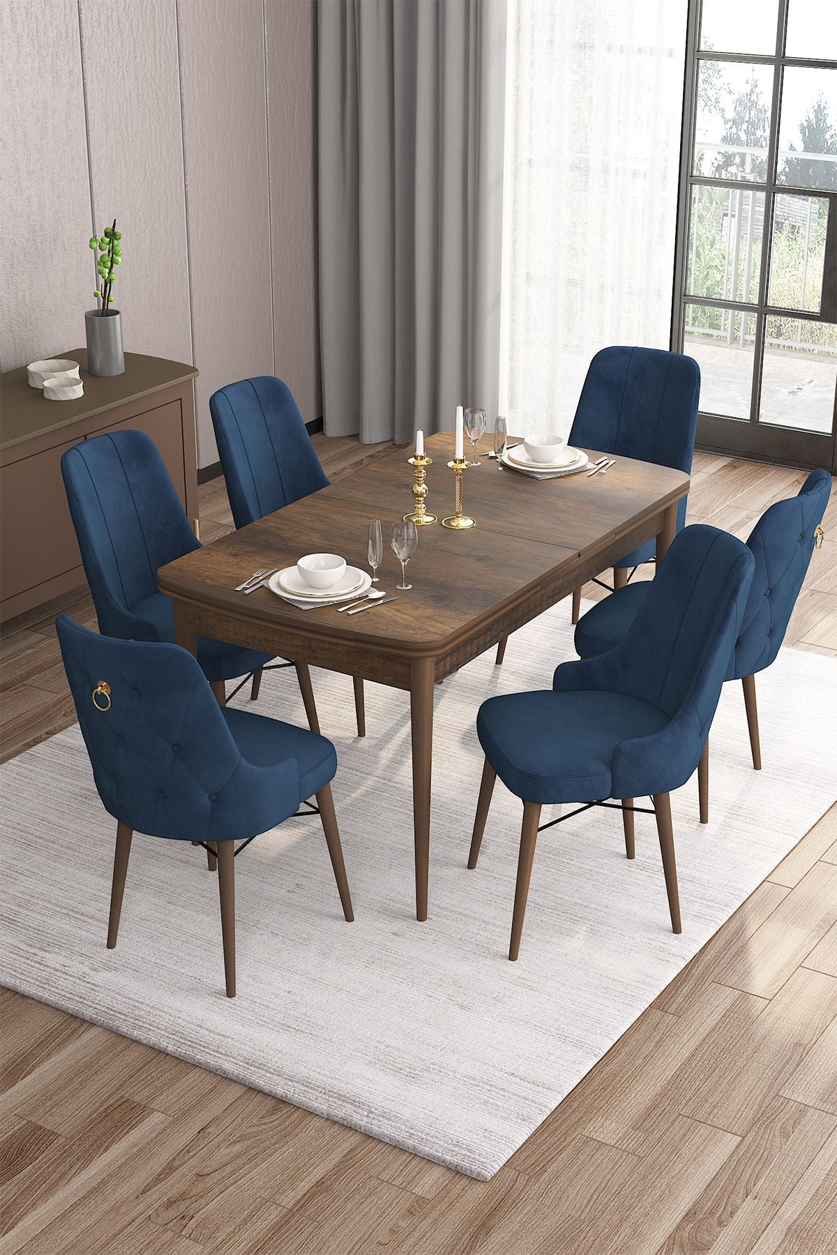 Conjunto de mesa de jantar extensível e cadeiras (7 peças)-Are-Barroco
Azul-marinho