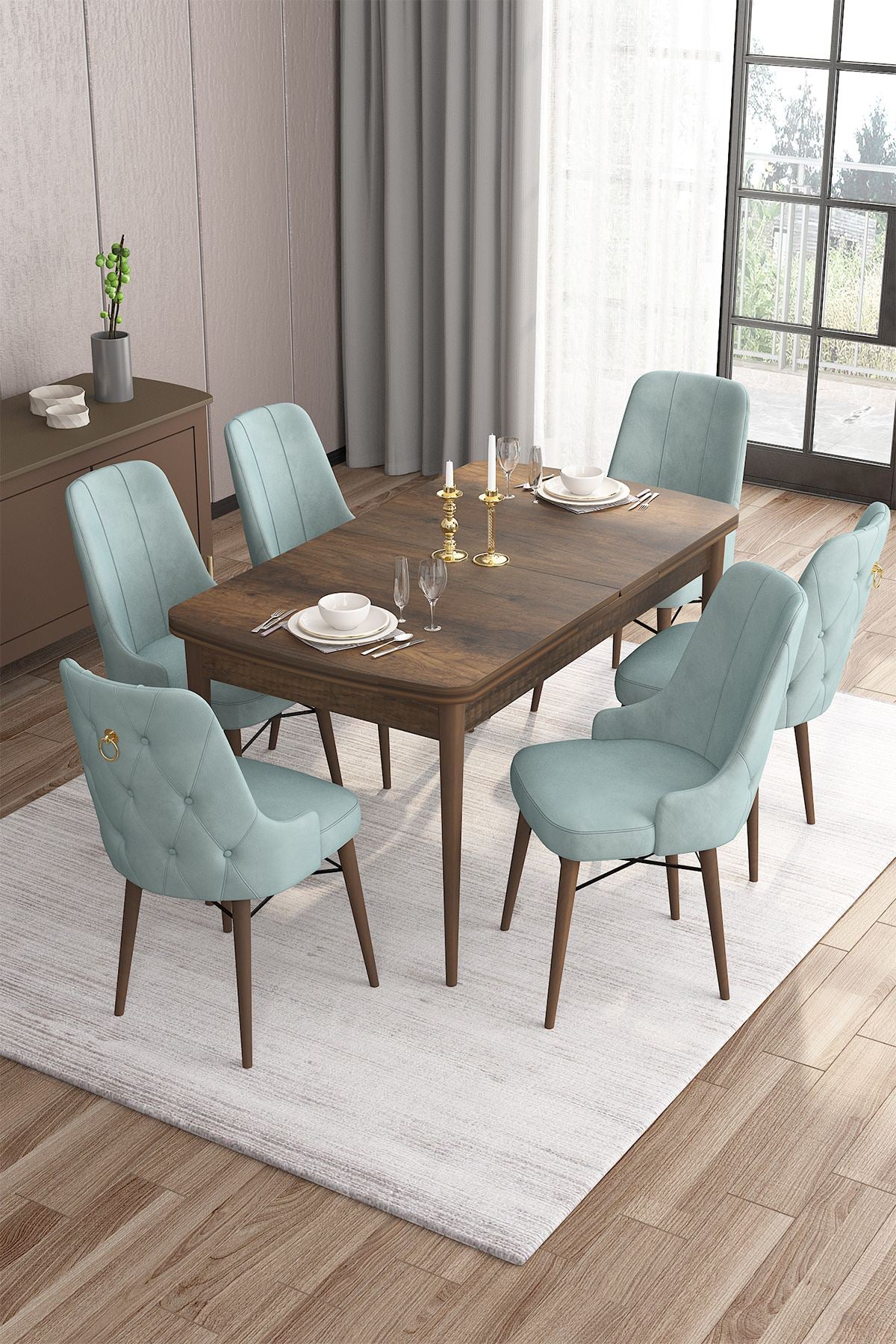 Conjunto de mesa de jantar extensível e cadeiras (7 peças)-Are-Barroco
Verde-Mar