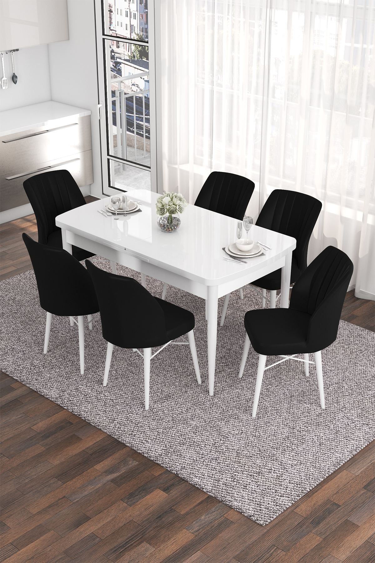 Conjunto de mesa de jantar extensível e cadeiras (7 peças)-Eva-Branco
Preto