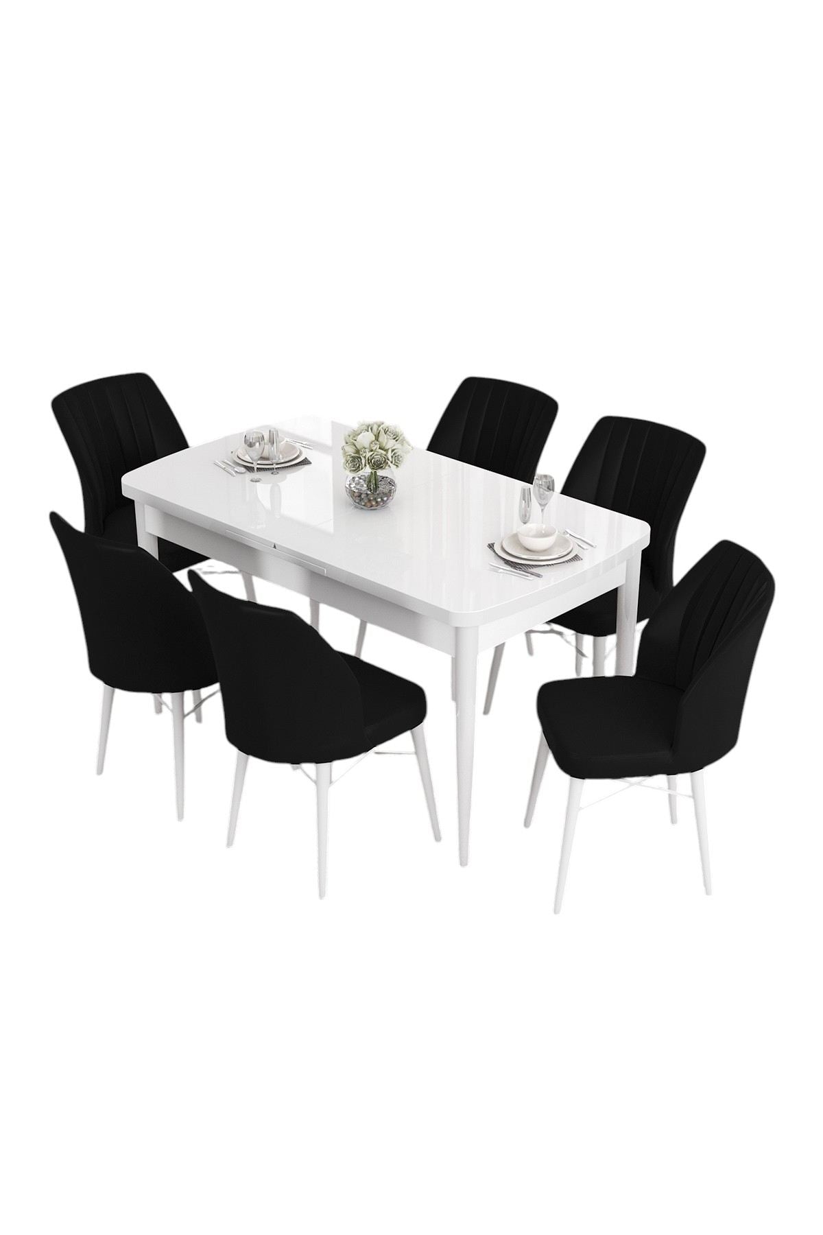 Conjunto de mesa de jantar extensível e cadeiras (7 peças)-Eva-Branco
Preto