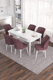 Conjunto de Mesa de Jantar Extensível e Cadeiras (7 peças) – 132 cm x 78 cm x 80 cm – Branco e Rosa Envelhecido – MDF e Metal