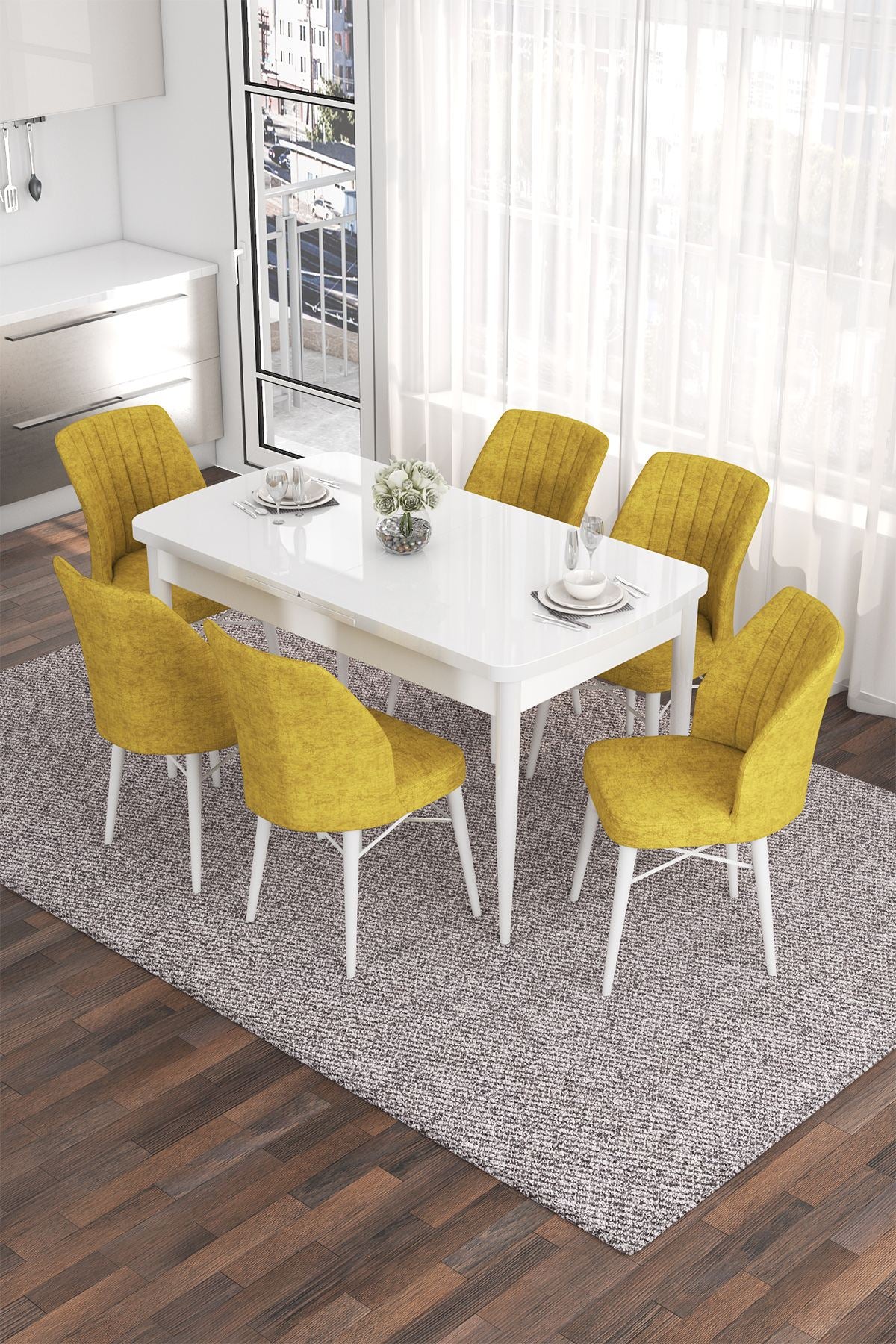 Conjunto de mesa de jantar extensível e cadeiras (7 peças)-Eva-Mostarda
branca