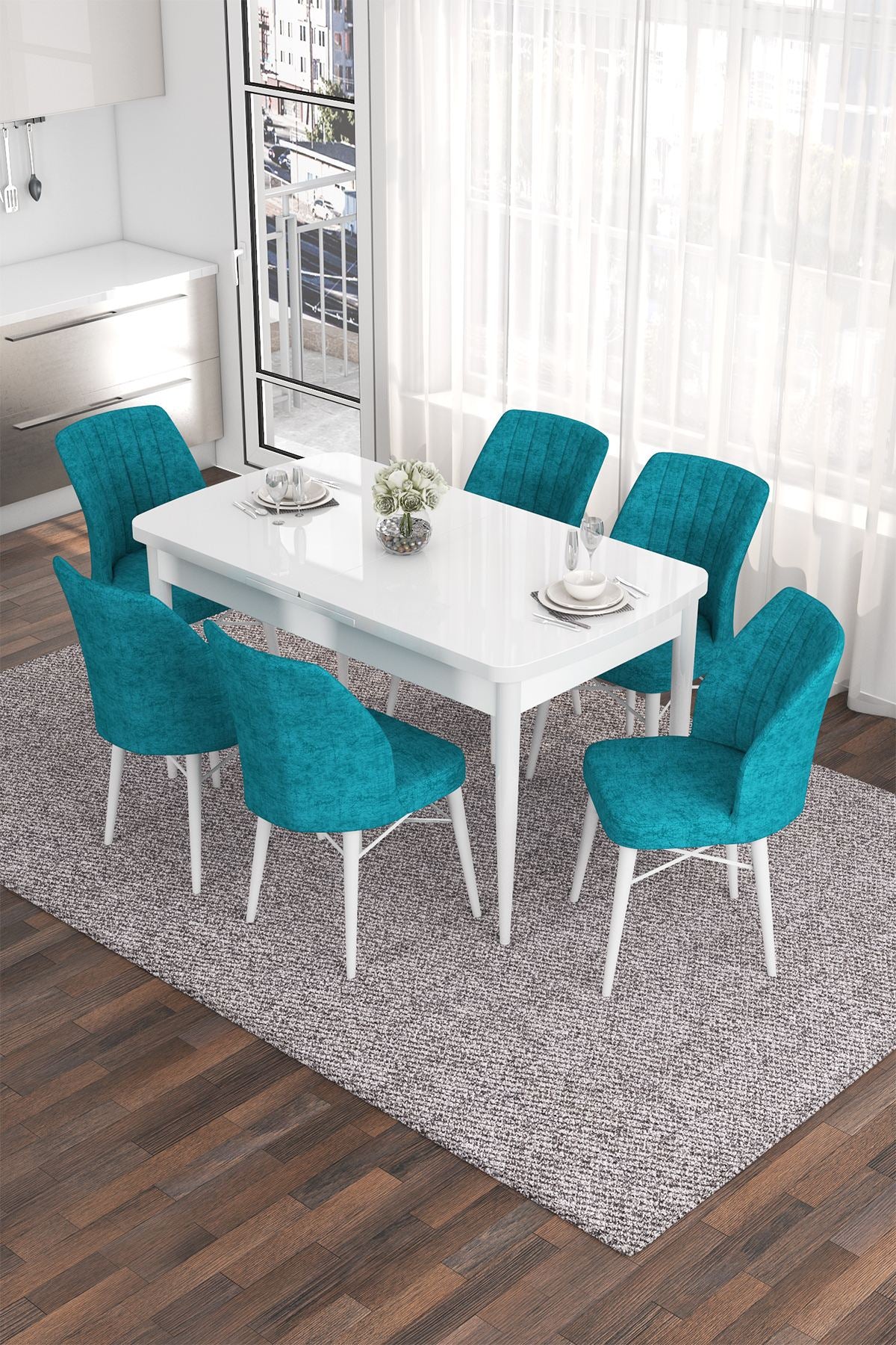 Conjunto de mesa de jantar extensível e cadeiras (7 peças)-Eva-Branco
Turquesa