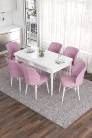 Conjunto de mesa de jantar extensível e cadeiras – 132x80 cm (Aberta: 170x80 cm) – Branco e Rosa – MDF e Madeira