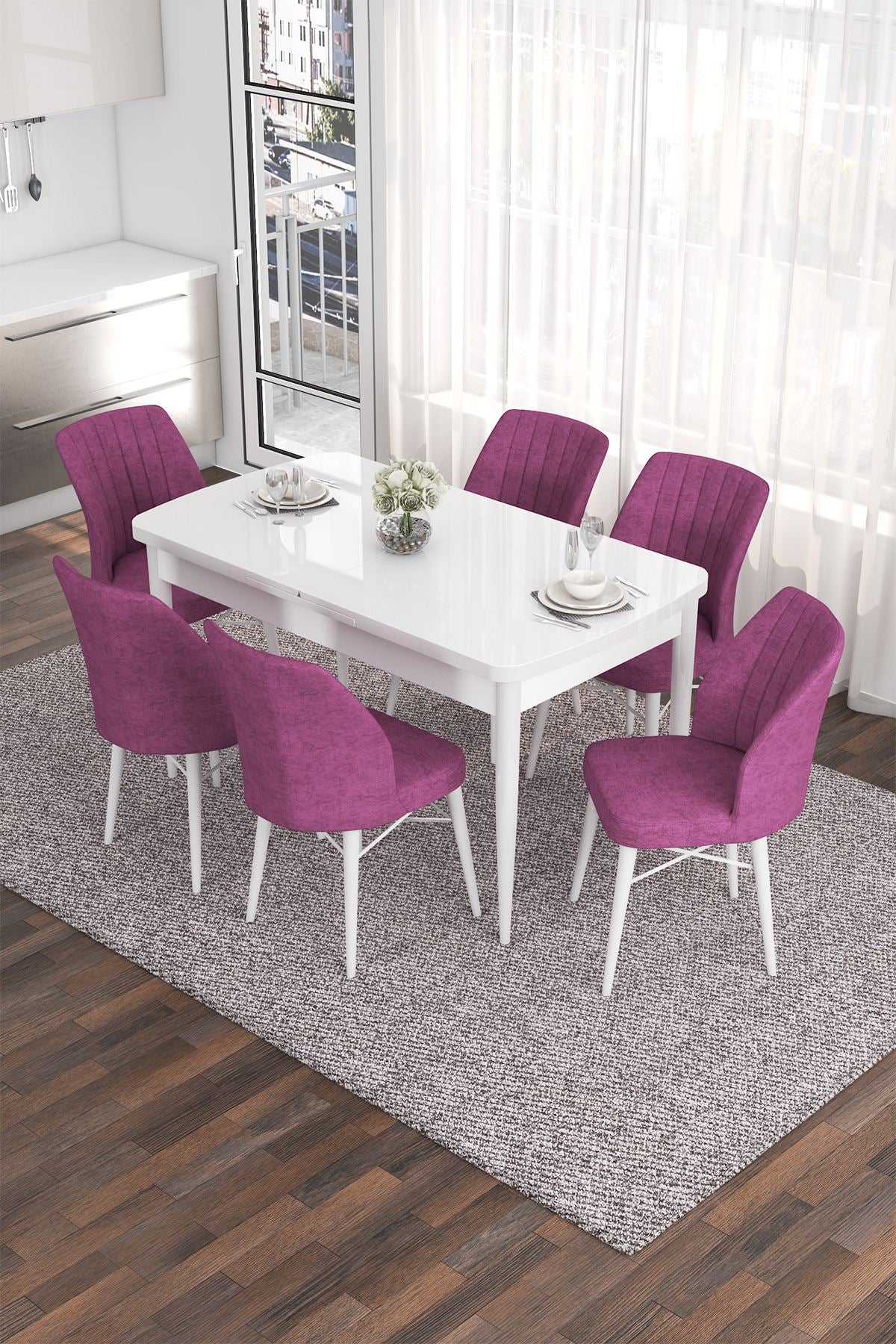 Conjunto de mesa de jantar extensível e cadeiras (7 peças)-Eva-Branco
Roxo