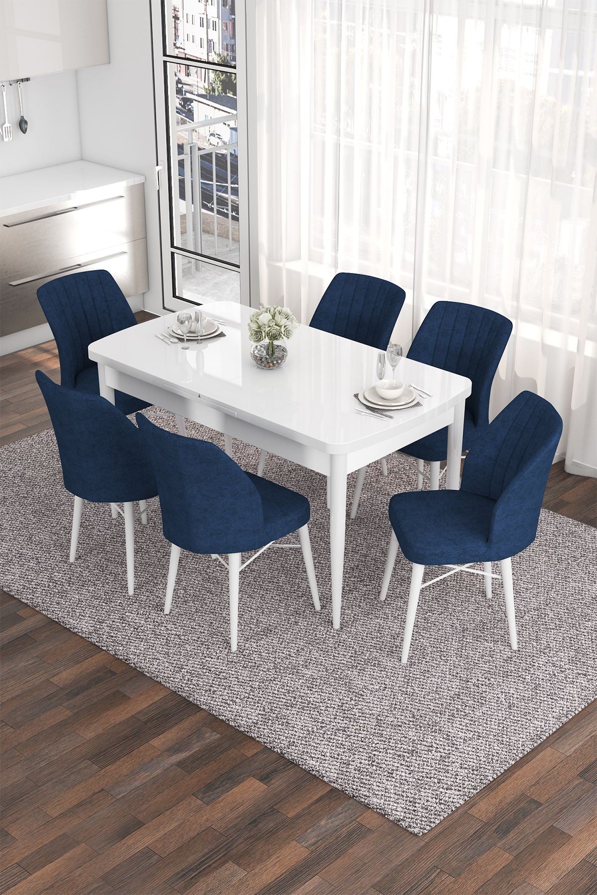 Conjunto de mesa de jantar extensível e cadeiras (7 peças)-Eva-Branco
Azul-marinho