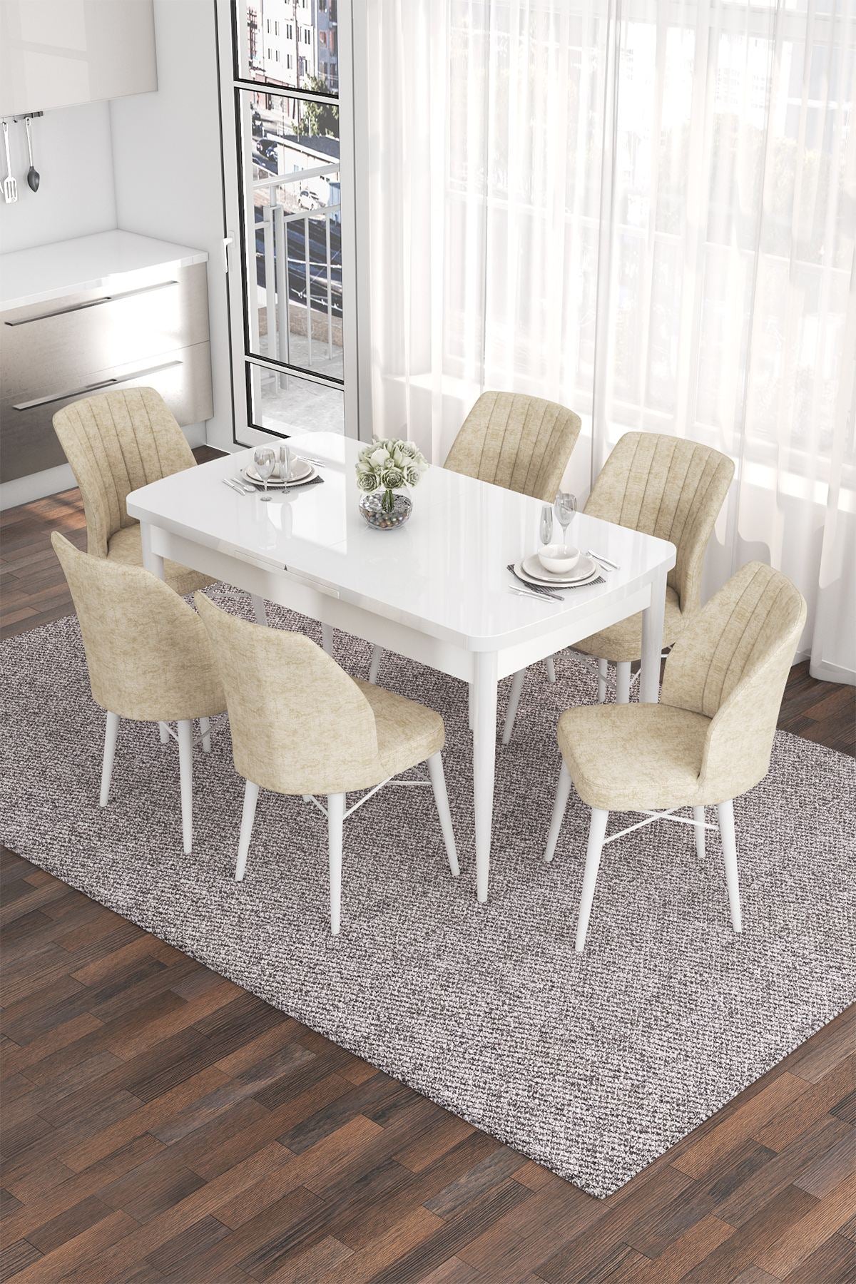 Conjunto de mesa de jantar extensível e cadeiras (7 peças)-Eva-Branco
Creme