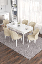 Conjunto de Mesa de Jantar Extensível e Cadeiras – 132 cm a 170 cm – Branco e Creme – MDF, Metal e Madeira