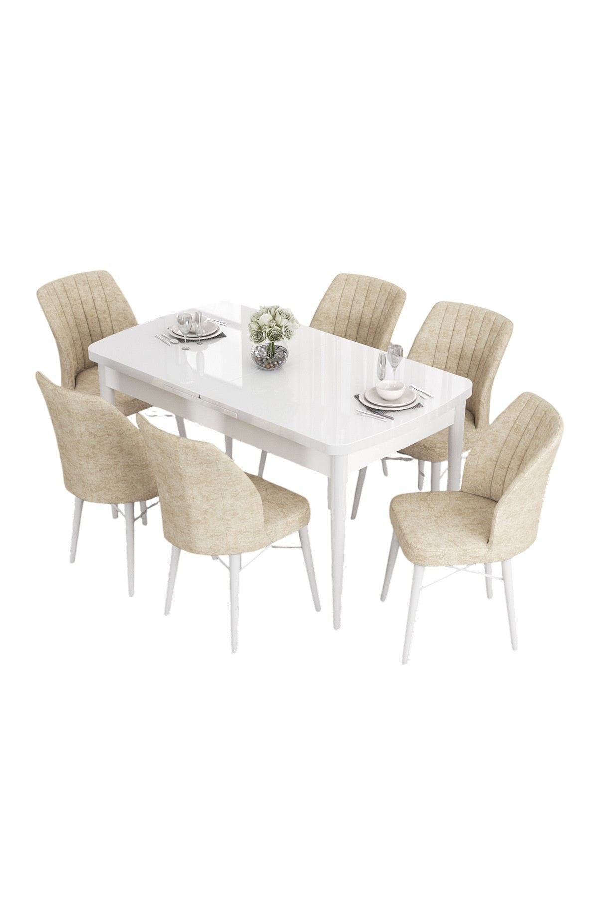 Conjunto de mesa de jantar extensível e cadeiras (7 peças)-Eva-Branco
Creme