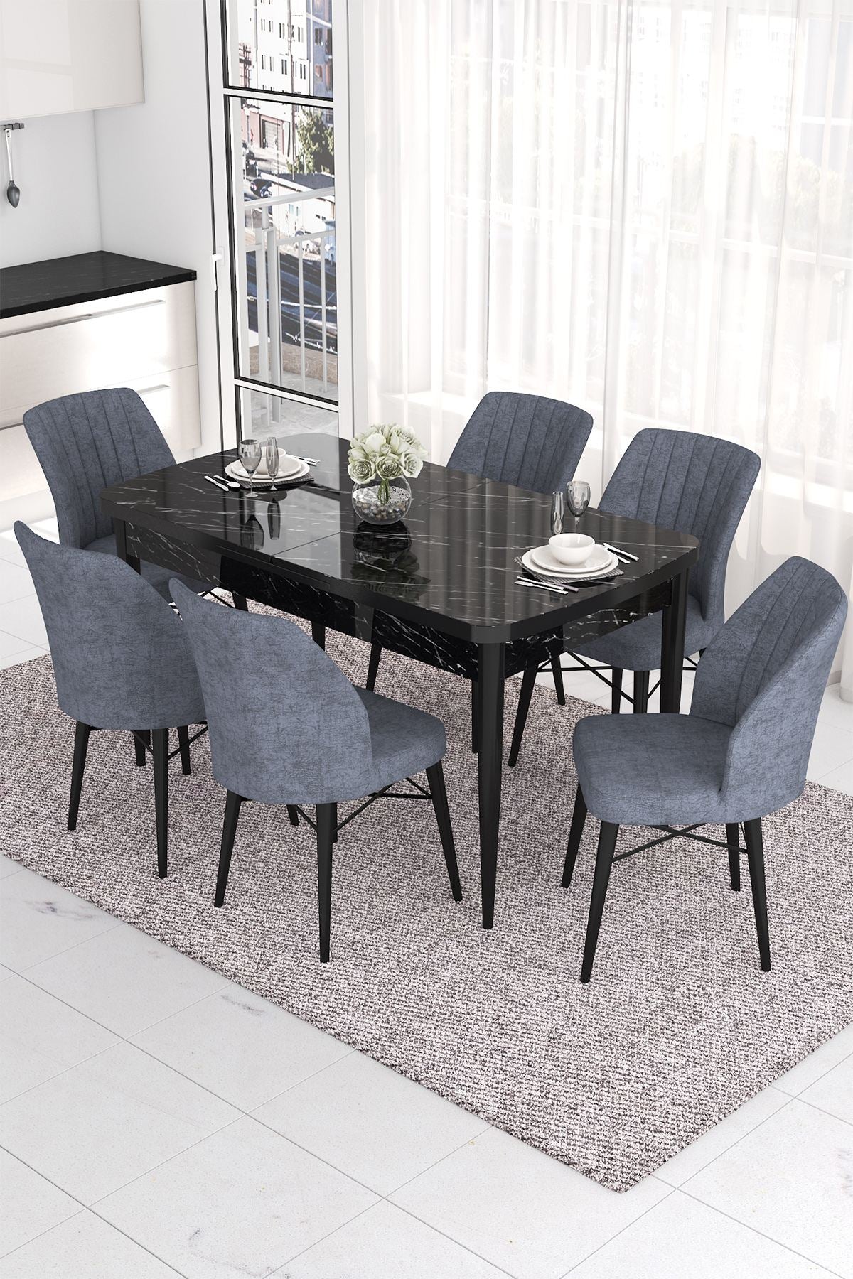 Conjunto de mesa de jantar extensível e cadeiras (7 peças)-Eva-Mármore Preto
Fumaça