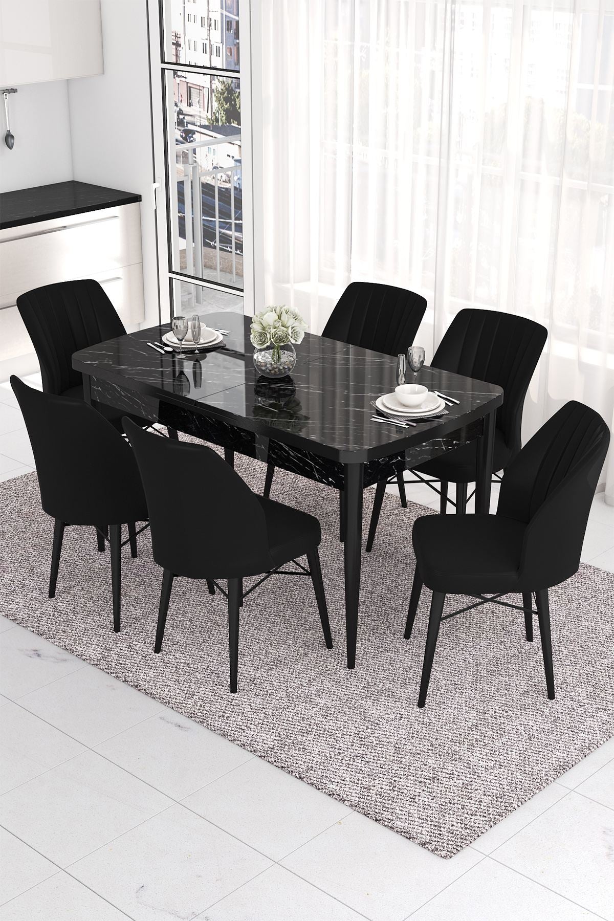 Conjunto de mesa de jantar extensível e cadeiras (7 peças)-Eva-Mármore Preto
Preto