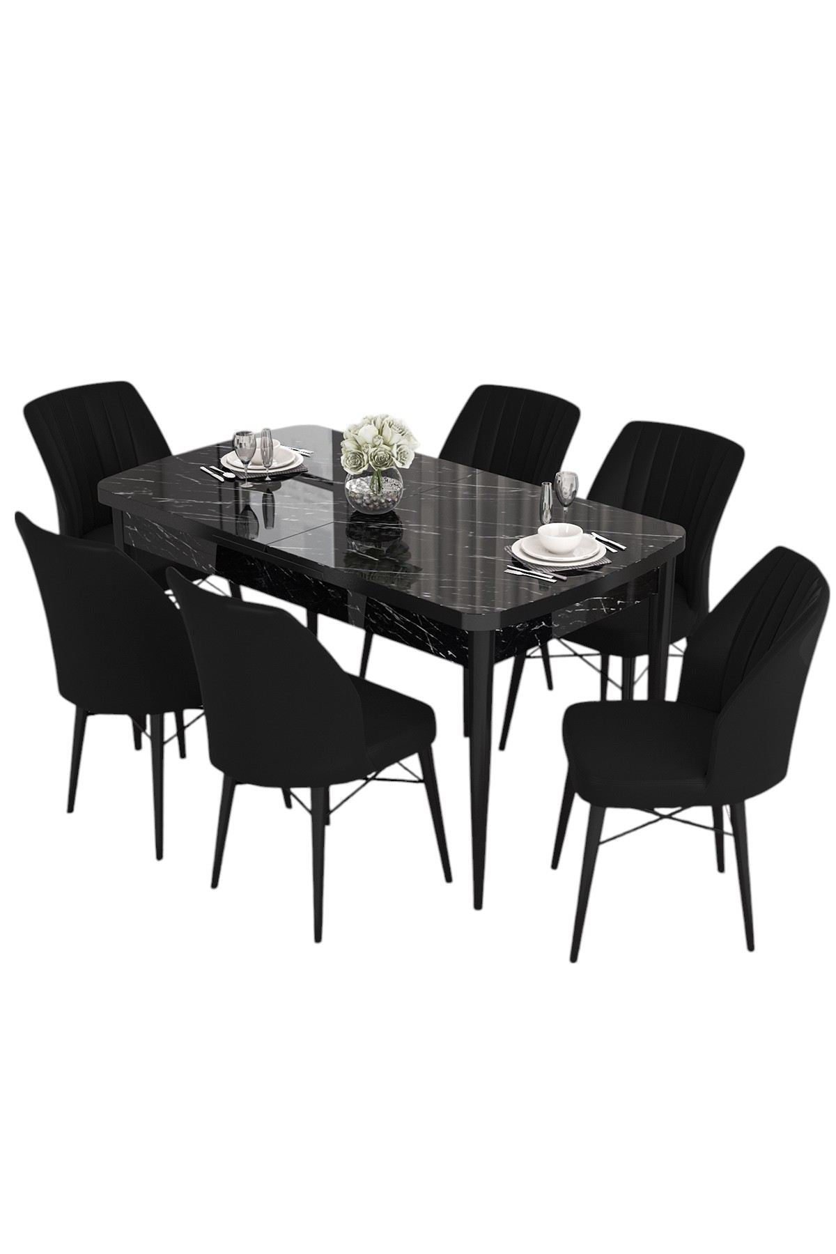 Conjunto de mesa de jantar extensível e cadeiras (7 peças)-Eva-Mármore Preto
Preto