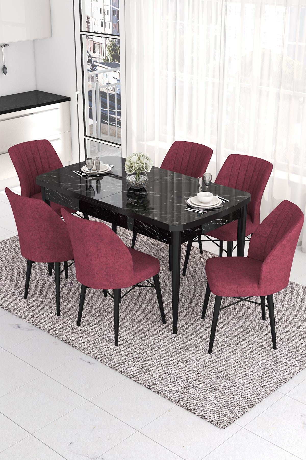 Conjunto de mesa de jantar extensível e cadeiras (7 peças)-Eva-Mármore Preto
Borgonha