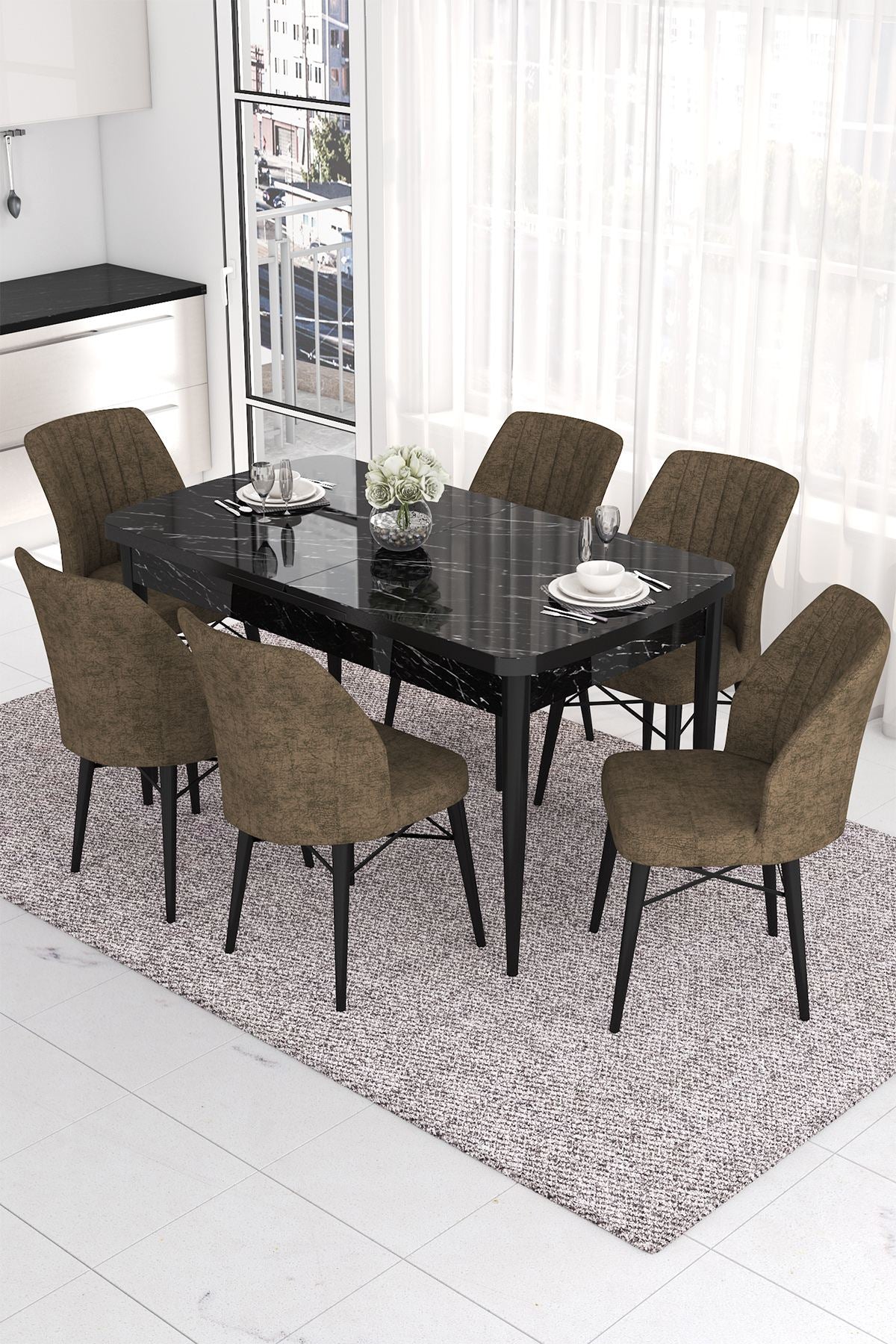 Conjunto de mesa de jantar extensível e cadeiras (7 peças)-Eva-Mármore Preto
Marrom