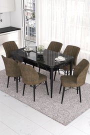 Conjunto de Mesa de Jantar Extensível e Cadeiras (7 peças) – 132 cm a 170 cm x 80 cm x 78 cm – Preto e Marrom – MDF