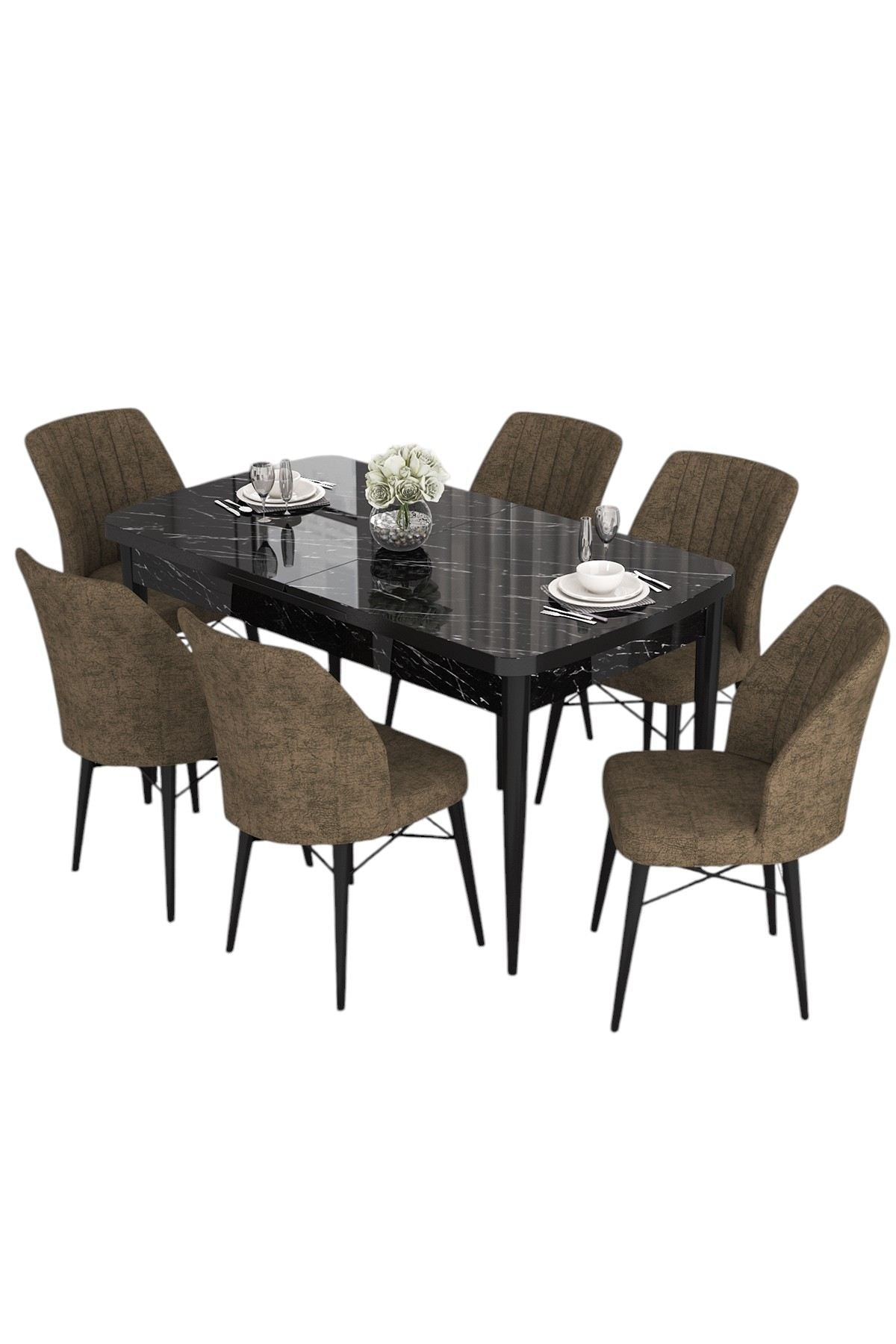 Conjunto de mesa de jantar extensível e cadeiras (7 peças)-Eva-Mármore Preto
Marrom