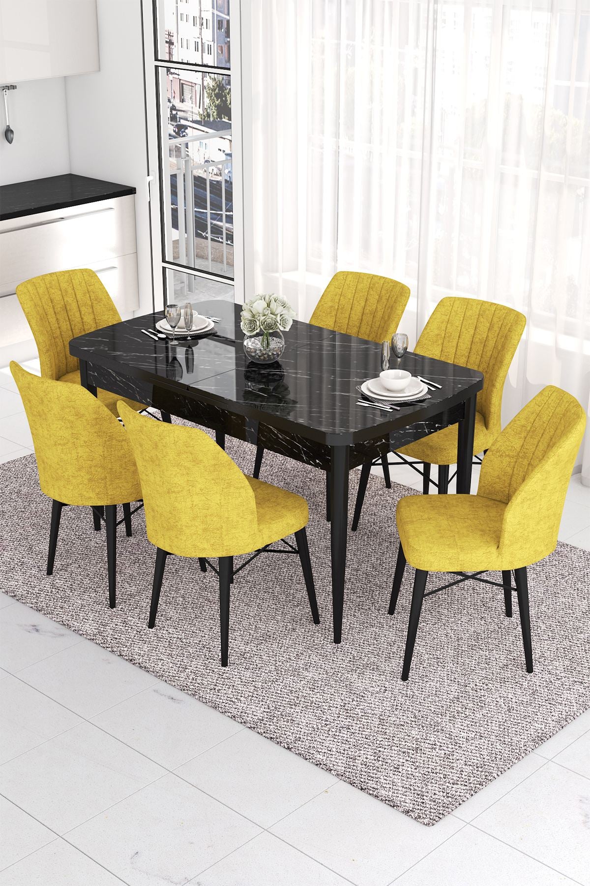 Conjunto de mesa de jantar extensível e cadeiras (7 peças)-Eva-Mármore Preto
Mostarda
