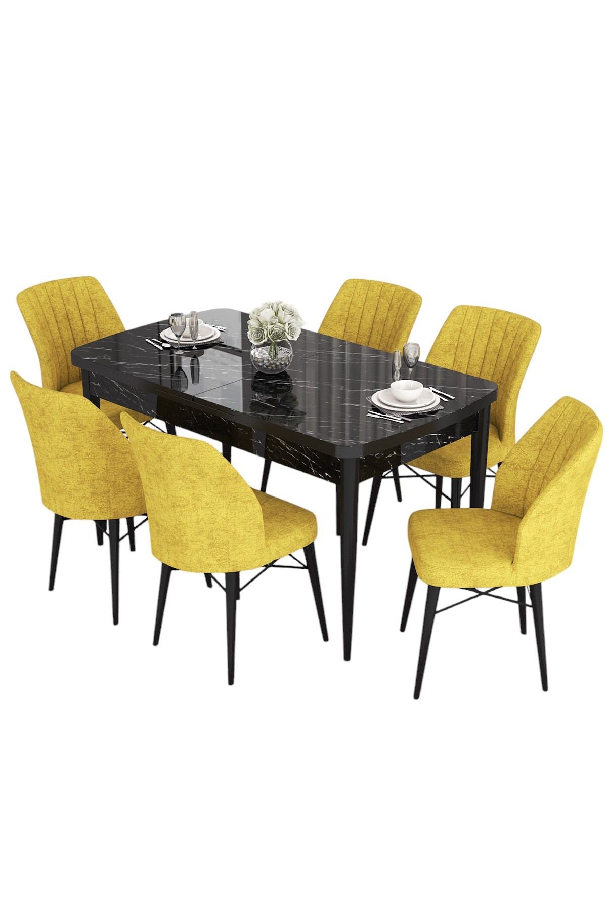 Conjunto de mesa de jantar extensível e cadeiras (7 peças)-Eva-Mármore Preto
Mostarda
