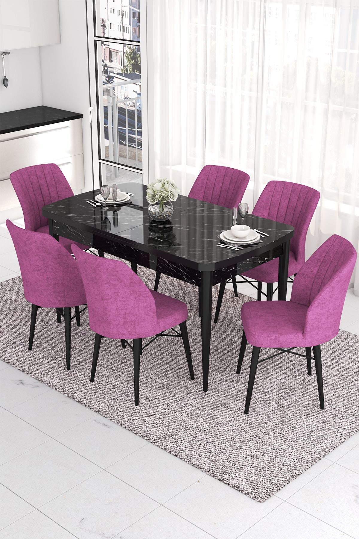 Conjunto de mesa de jantar extensível e cadeiras (7 peças)-Eva-Mármore Preto
Roxo