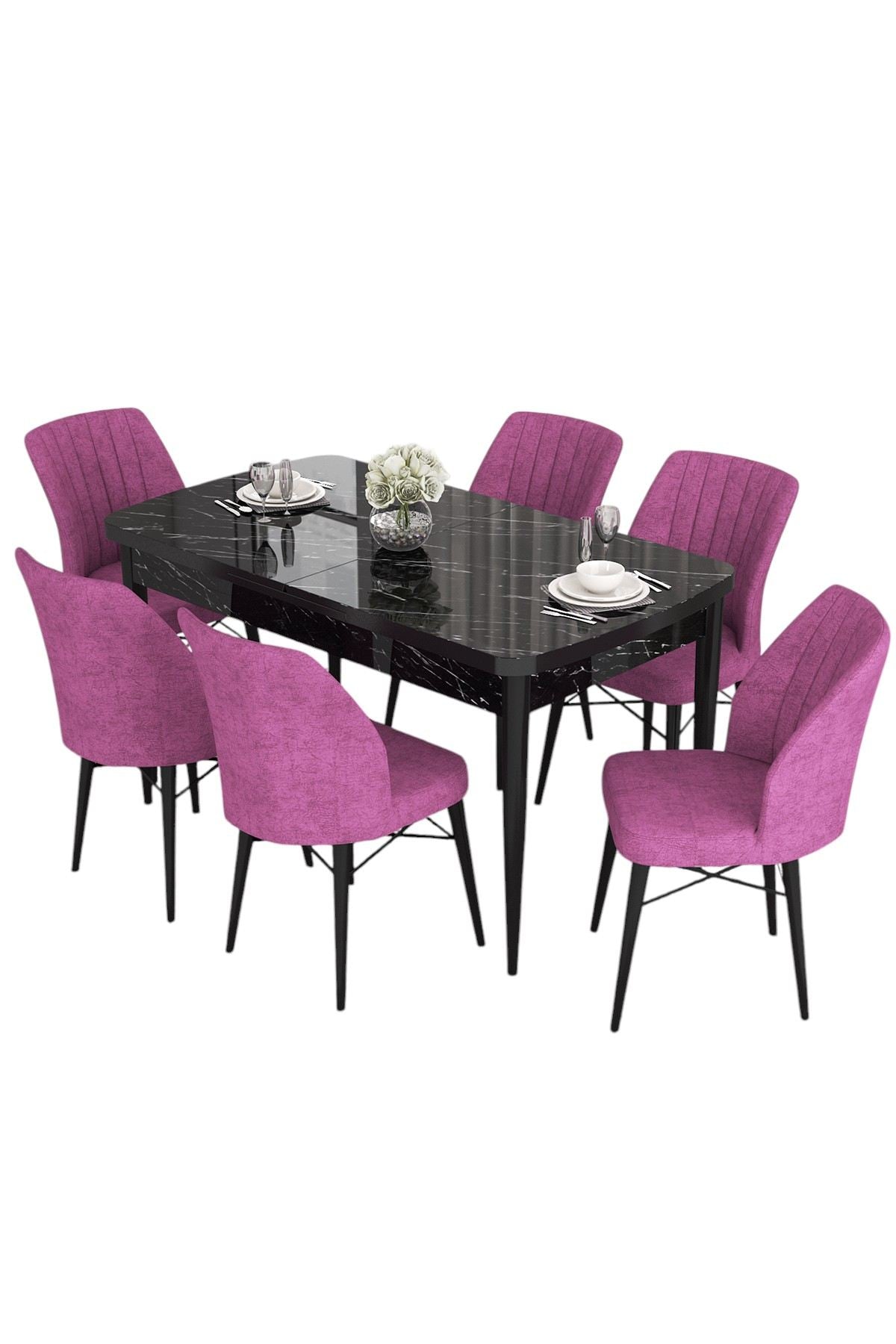 Conjunto de mesa de jantar extensível e cadeiras (7 peças)-Eva-Mármore Preto
Roxo