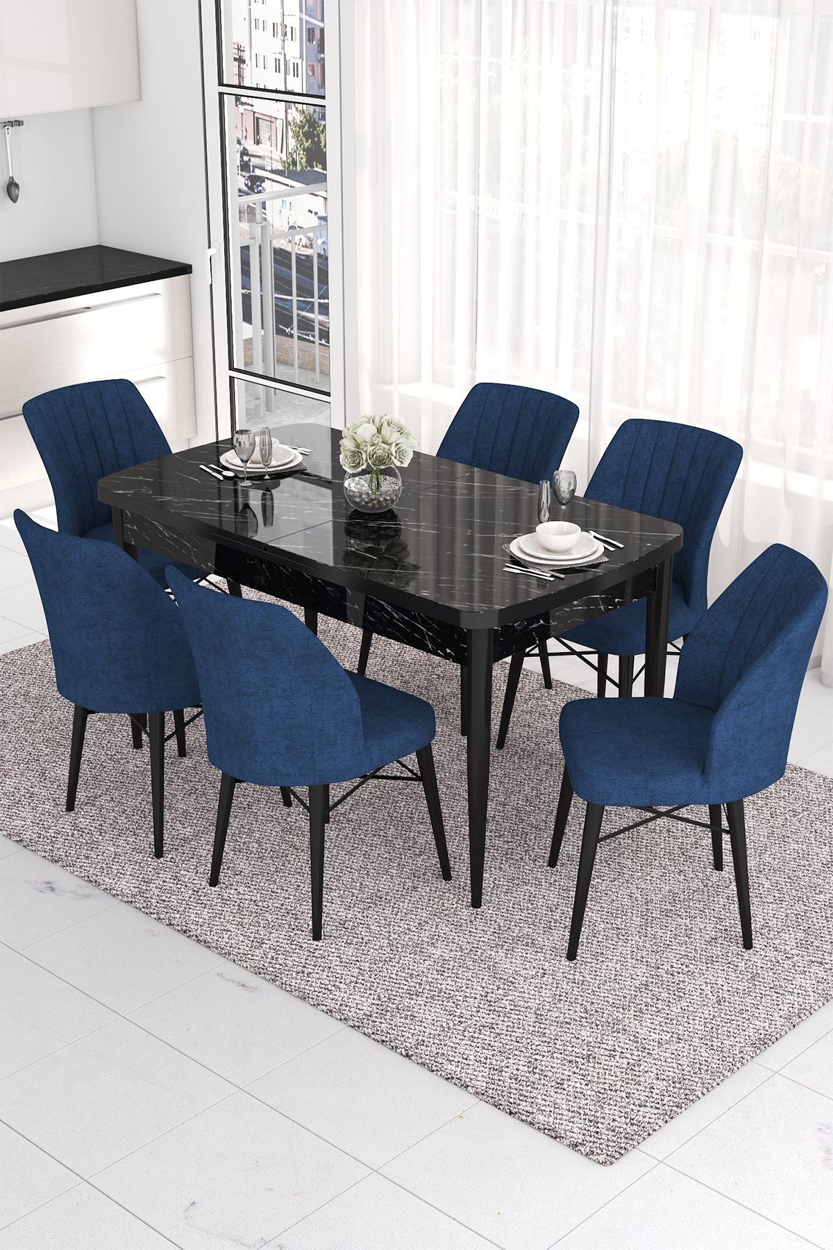 Conjunto de mesa de jantar extensível e cadeiras (7 peças)-Eva-Mármore Preto
Azul Marinho
