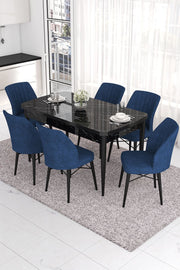 Conjunto de mesa de jantar extensível e cadeiras – 132 x 80 x 78 cm – mármore preto / azul-marinho – MDF e metal