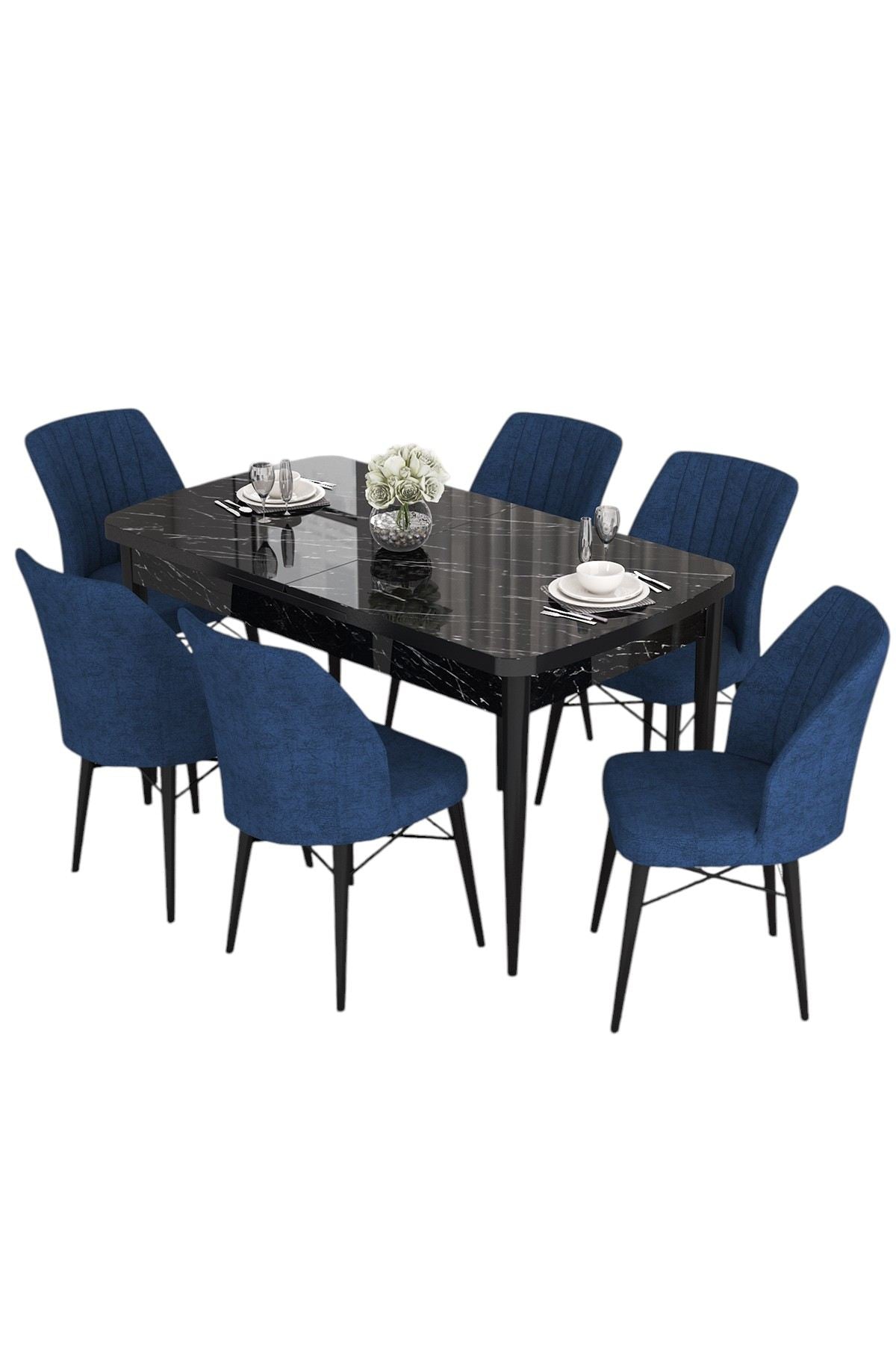 Conjunto de mesa de jantar extensível e cadeiras (7 peças)-Eva-Mármore Preto
Azul Marinho
