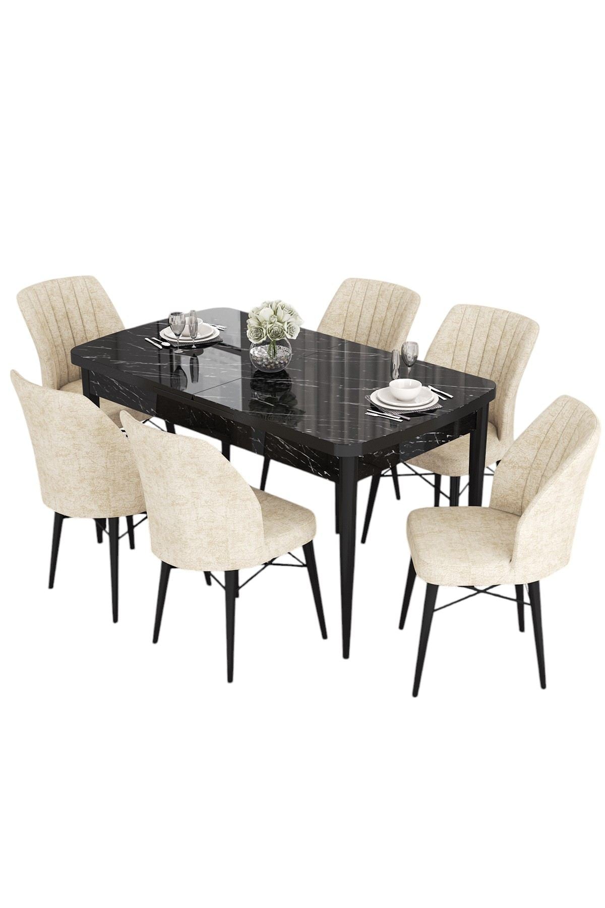 Conjunto de mesa de jantar extensível e cadeiras (7 peças)-Eva-Mármore Preto
Creme