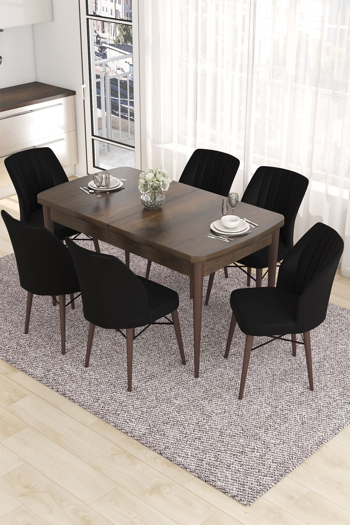 Conjunto de mesa de jantar extensível e cadeiras (7 peças)-Eva-Barroco
Preto