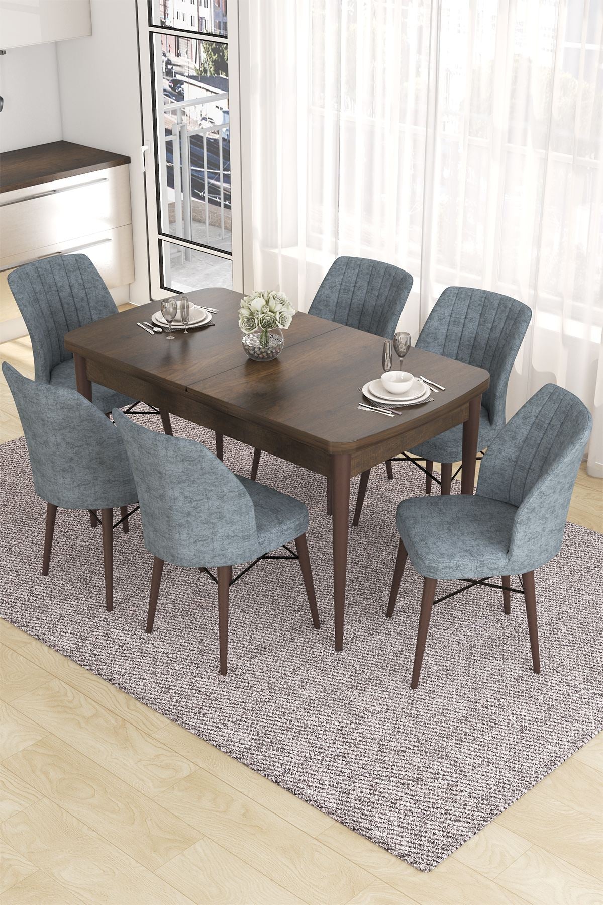 Conjunto de mesa de jantar extensível e cadeiras (7 peças)-Eva-Barroco
Cinza