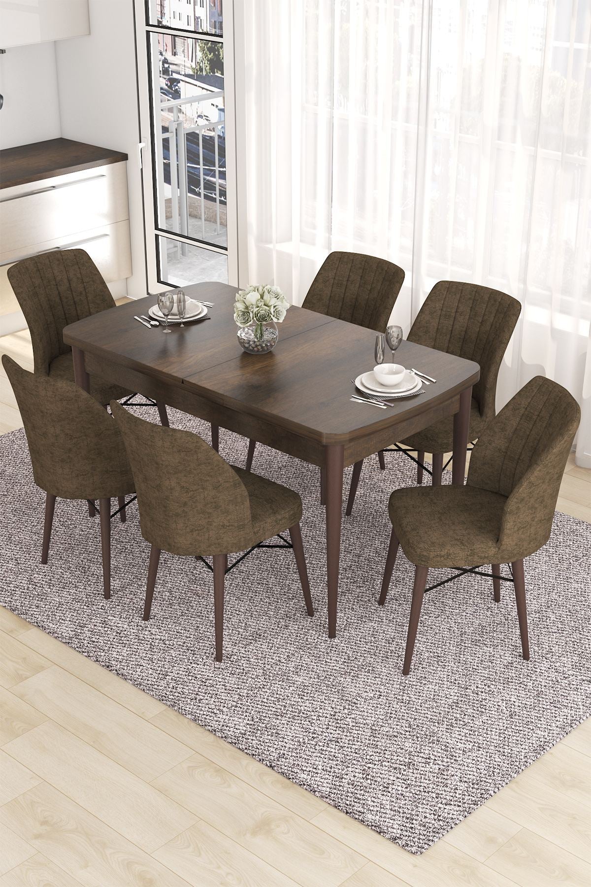 Conjunto de mesa de jantar extensível e cadeiras (7 peças)-Eva-Barroco
Marrom