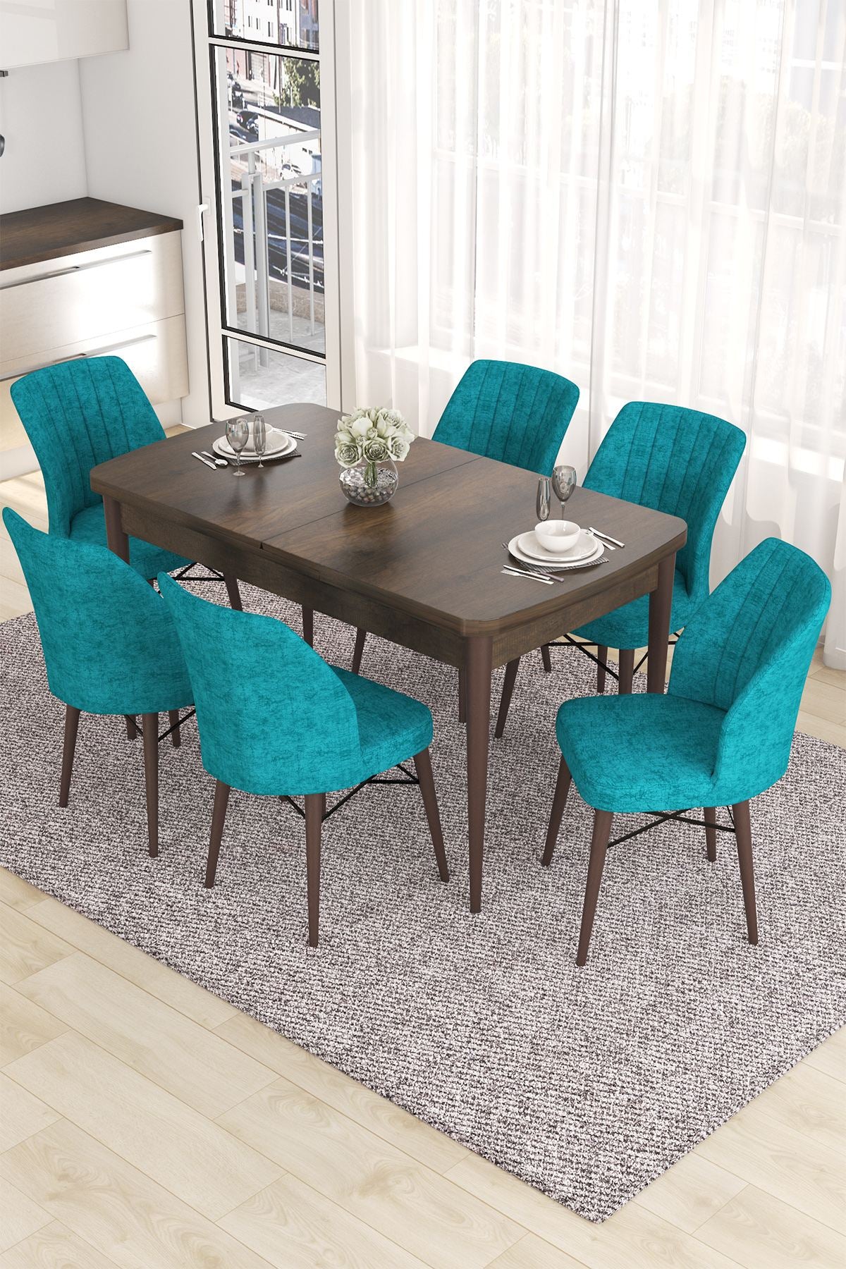 Conjunto de mesa de jantar extensível e cadeiras (7 peças)-Eva-Barroco
Turquesa