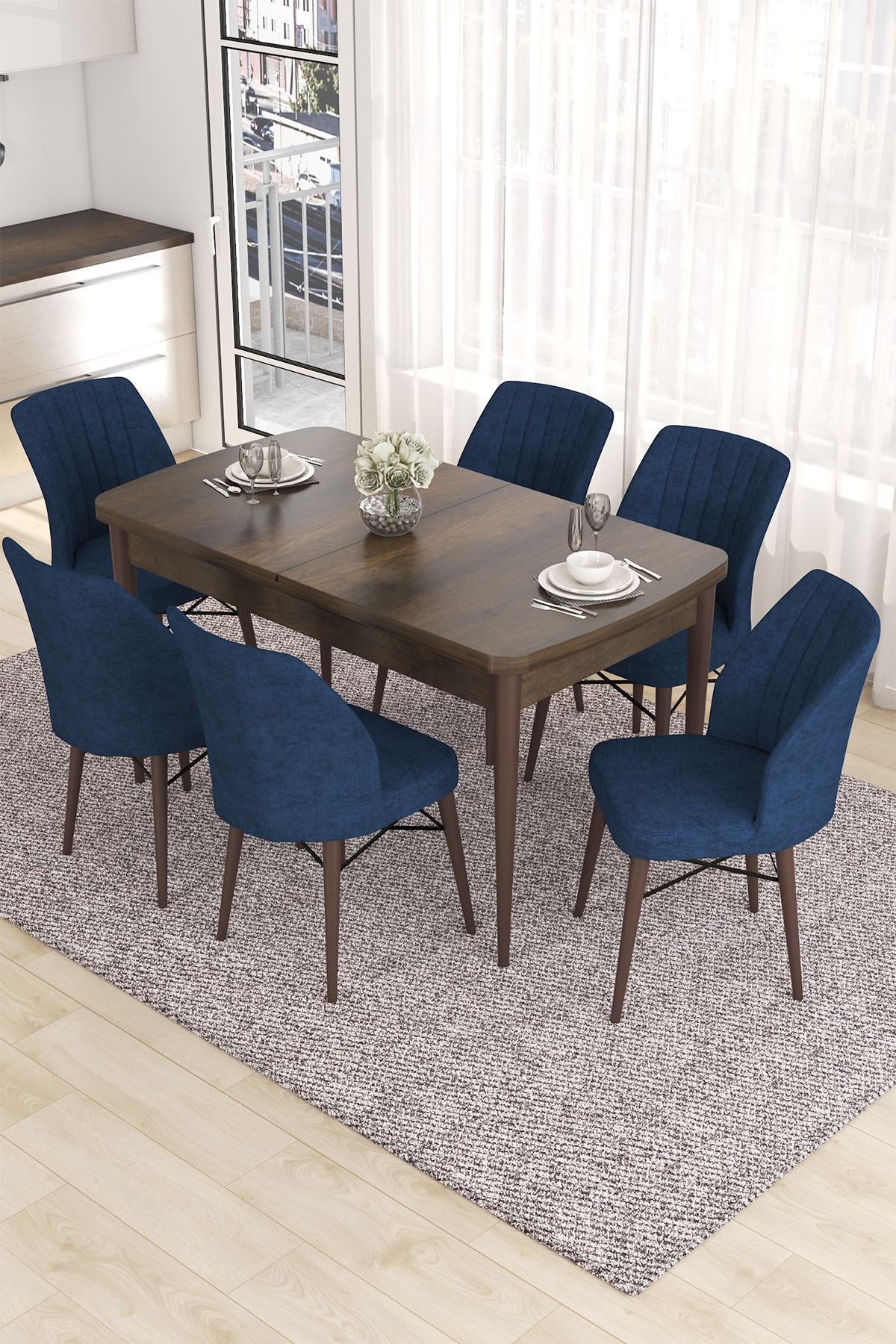 Conjunto de mesa de jantar extensível e cadeiras (7 peças)-Eva-Barroco
Azul-marinho
