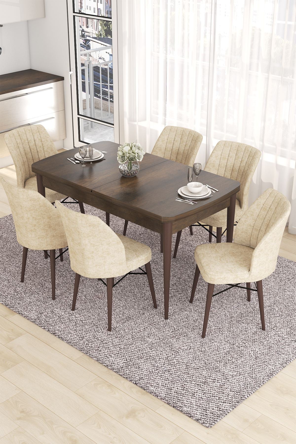 Conjunto de mesa de jantar extensível e cadeiras (7 peças)-Eva-Barroco
Creme