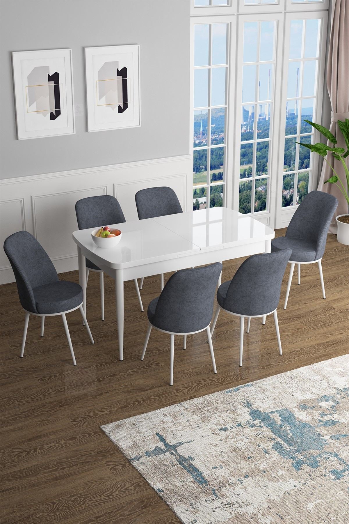 Conjunto de mesa de jantar extensível e cadeiras (7 peças)-Han-Fumaça Branca
