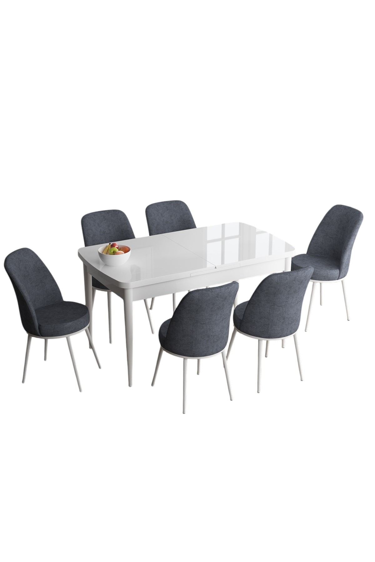 Conjunto de mesa de jantar extensível e cadeiras (7 peças)-Han-Fumaça Branca