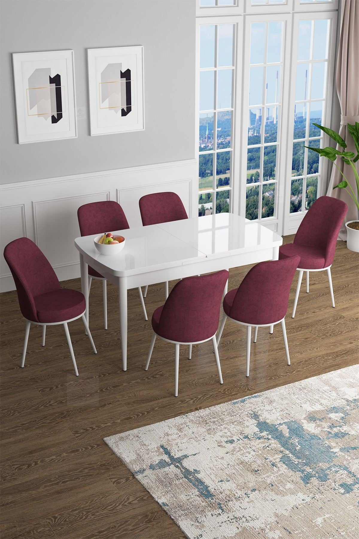 Conjunto de mesa de jantar extensível e cadeiras (7 peças)-Han-Branco
Bordô