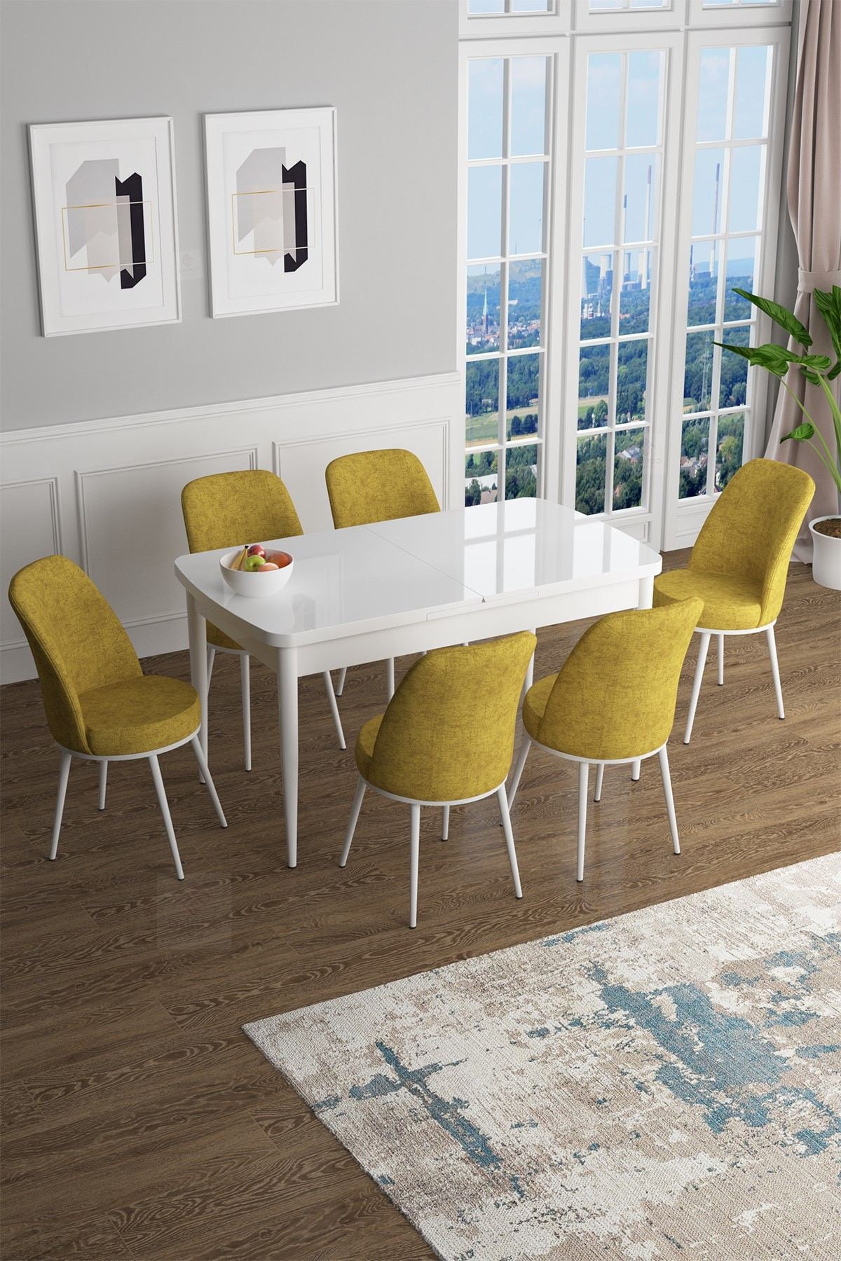 Conjunto de mesa de jantar extensível e cadeiras (7 peças)-Han-Mostarda
branca