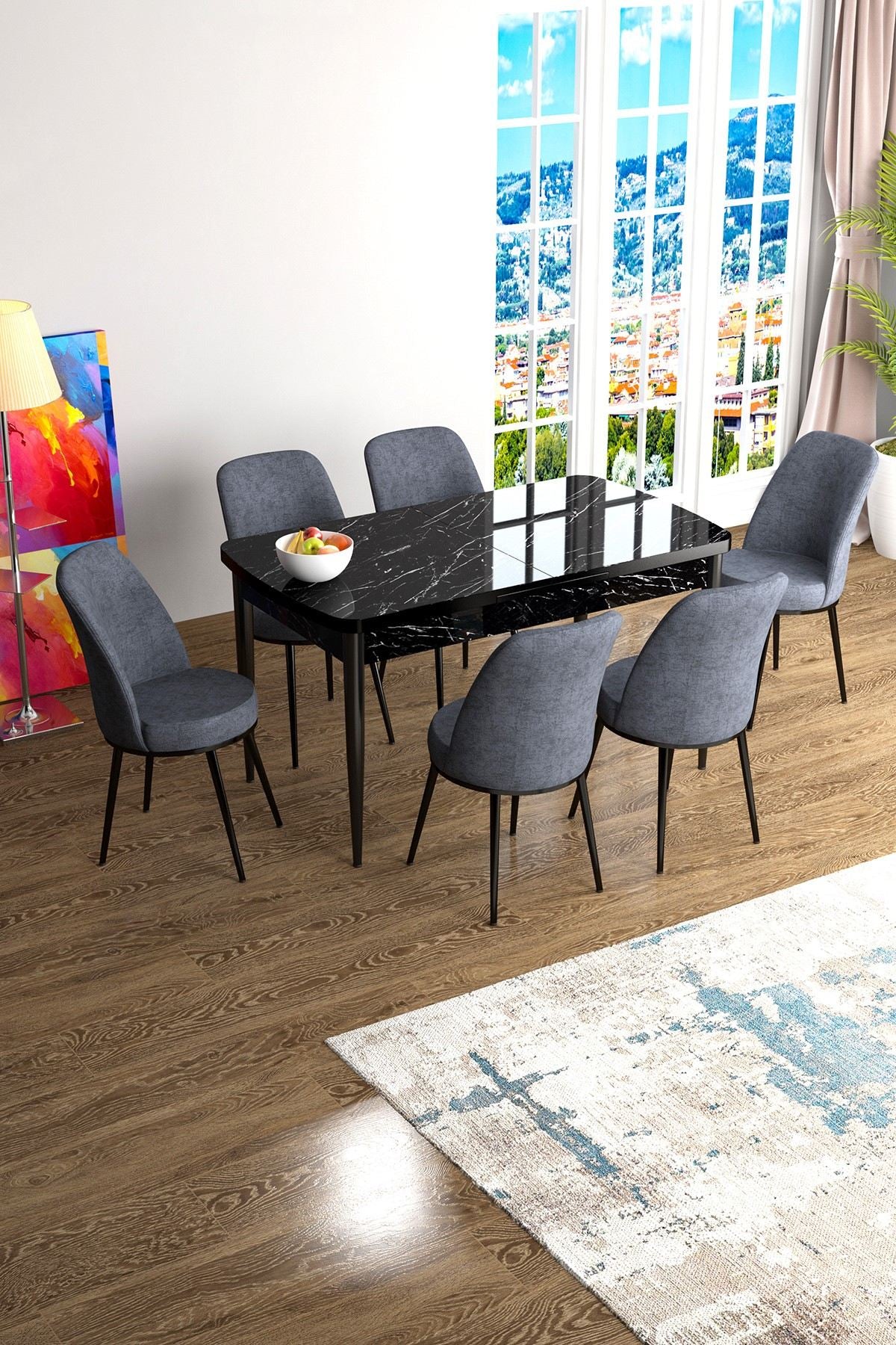 Conjunto de mesa de jantar extensível e cadeiras (7 peças)-Han-Mármore Preto
Fumaça