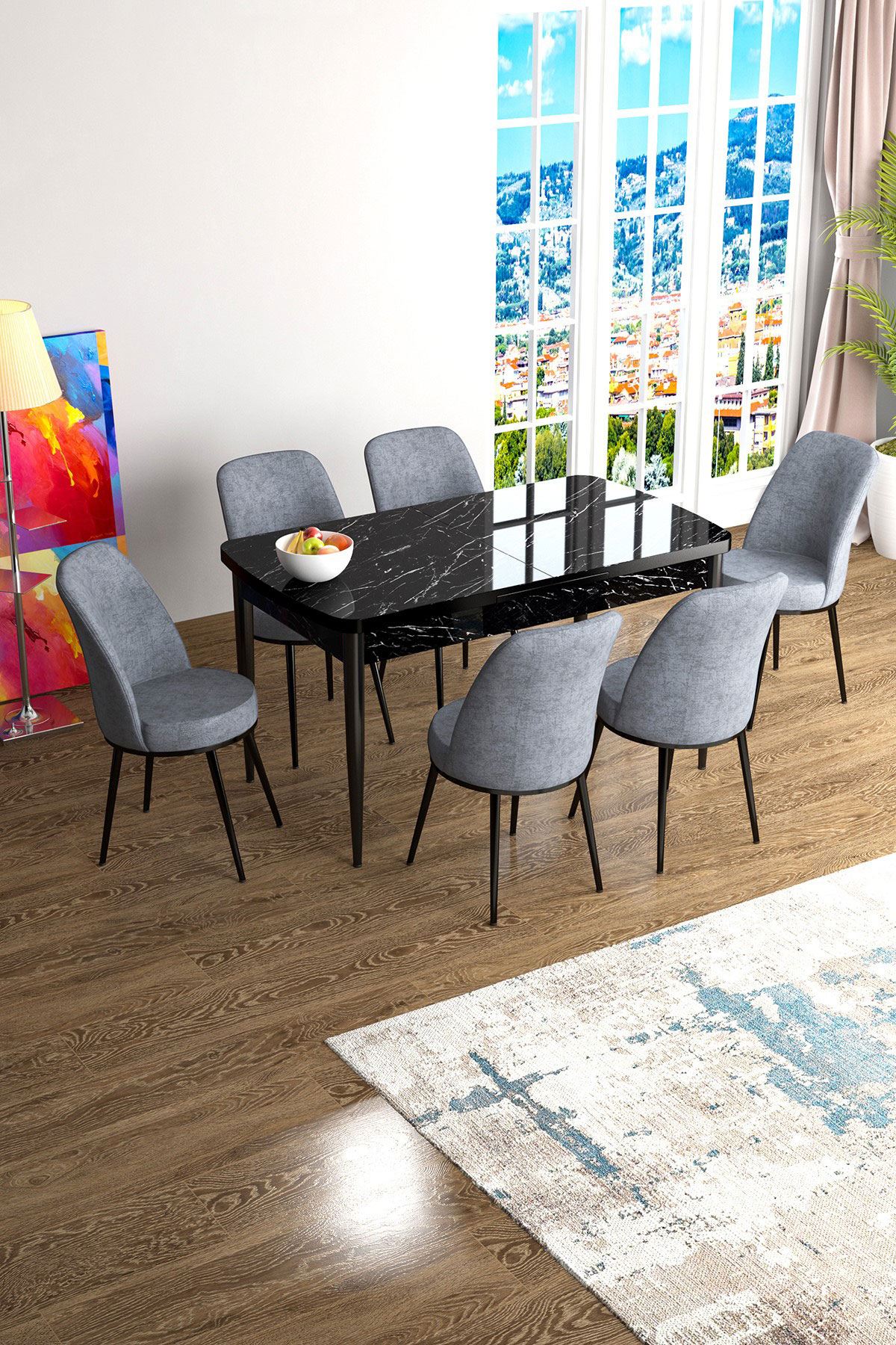 Conjunto de mesa de jantar extensível e cadeiras (7 peças)-Han-Mármore Preto
Cinza