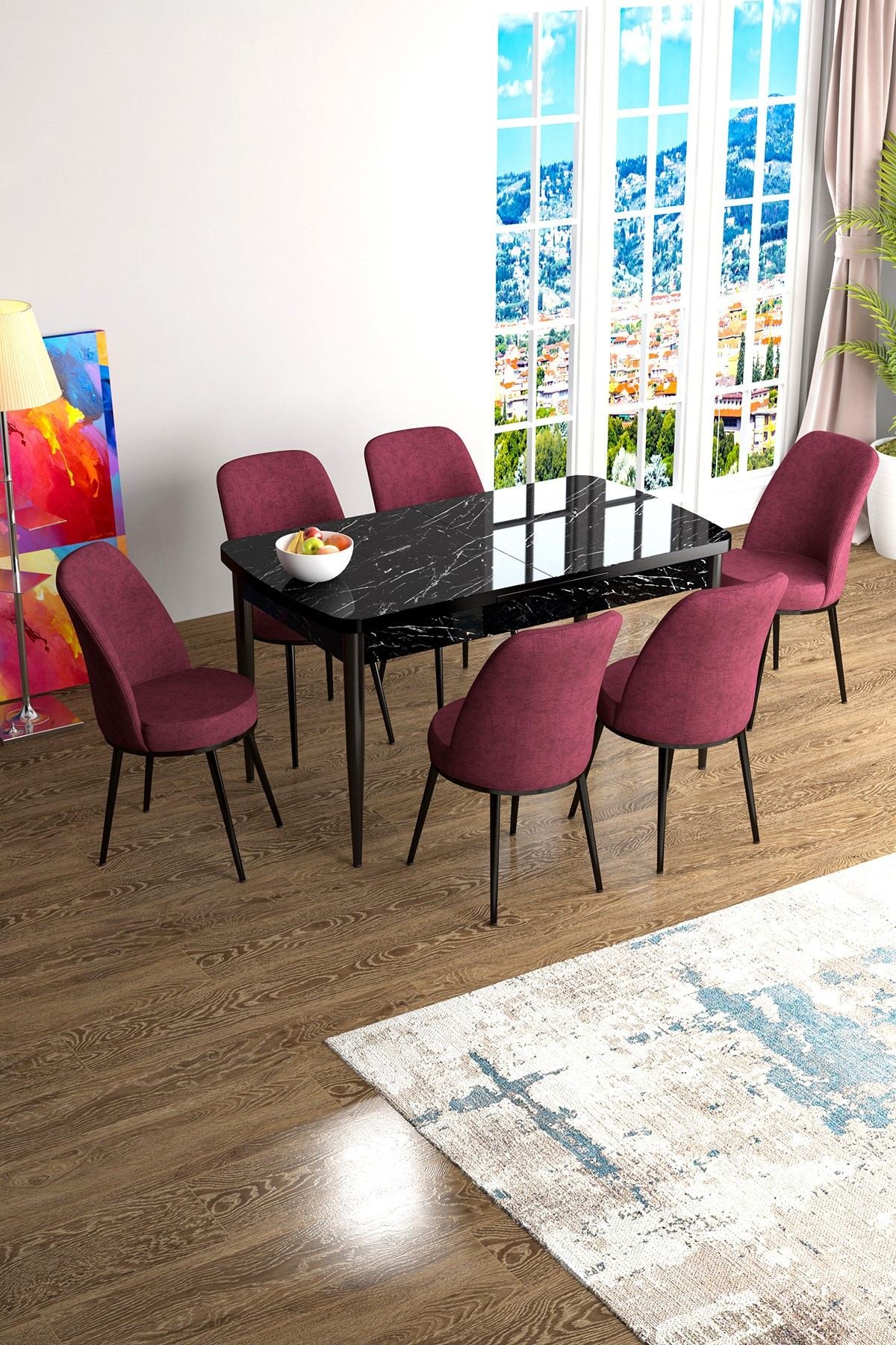 Conjunto de mesa de jantar extensível e cadeiras (7 peças)-Han-Mármore Preto
Borgonha