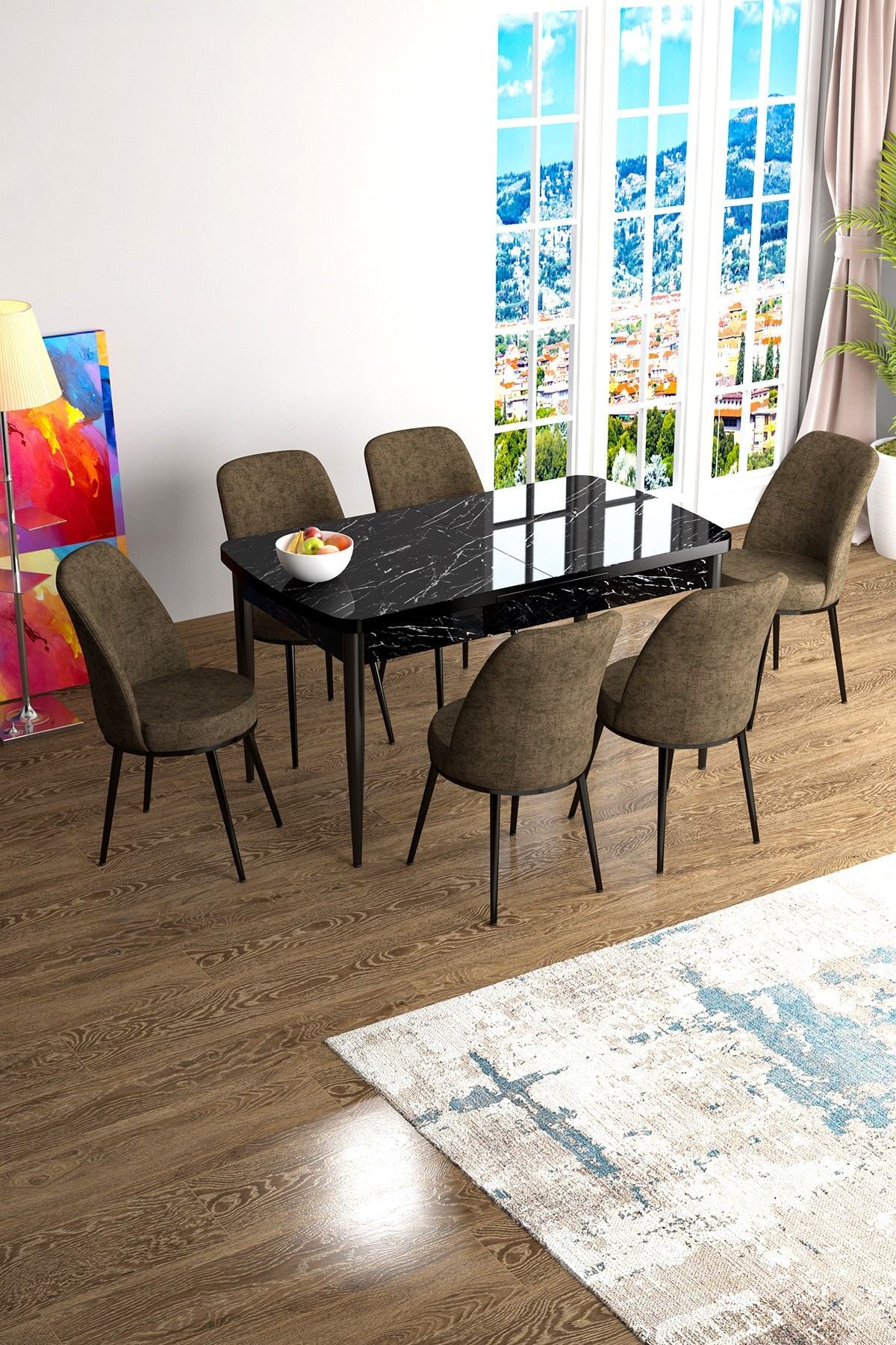 Conjunto de mesa de jantar extensível e cadeiras (7 peças)-Han-Mármore Preto
Marrom